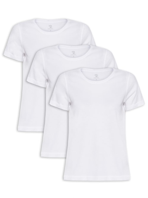 Kit De Camiseta Feminina Pima Manga Curta Decote Redondo 3 Peças – Branco