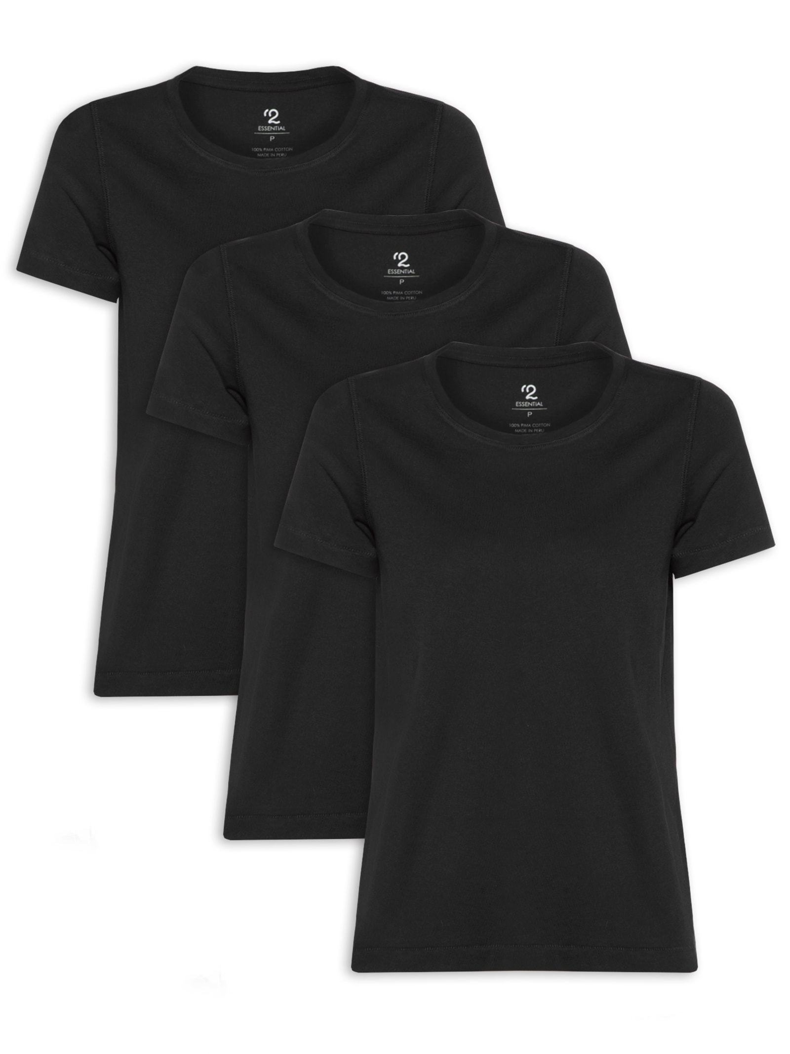 Kit De Camiseta Feminina Pima Manga Curta Decote Redondo 3 Peças Preto '2Essential