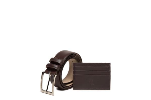 Kit Presenteável Masculino Cinto E Porta Cartão Couro Legítimo - Marrom