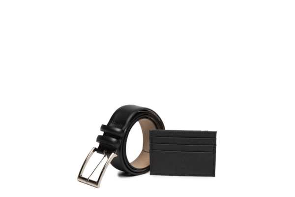 Kit Presenteável Masculino Cinto E Porta Cartão Couro Legítimo - Preto