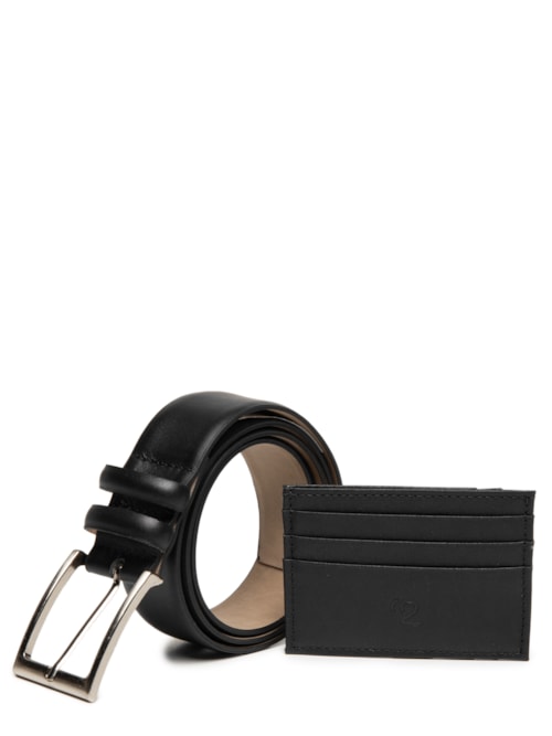Kit Presenteável Masculino Cinto E Porta Cartão Couro Legítimo – Preto