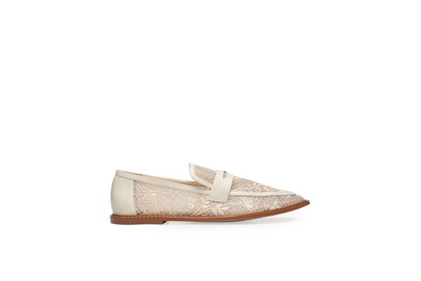 Loafer Feminino Mocassim Couro Tela - Off White