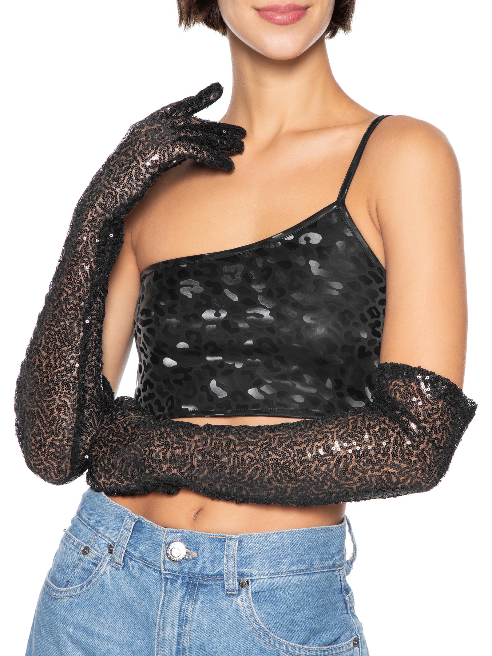 Luva Feminina Paetê Longa Preto Meiota