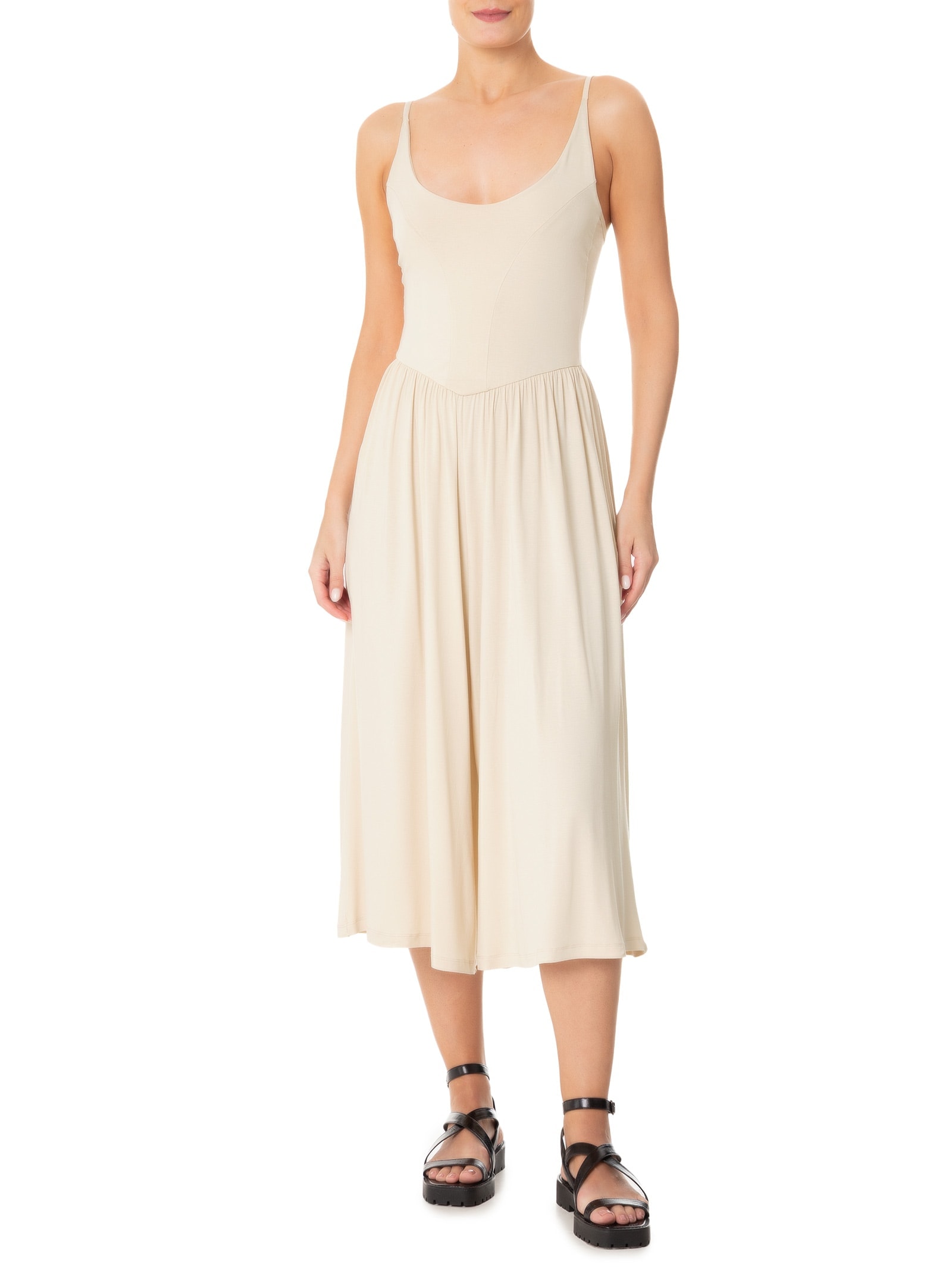 Macacão Feminino Amplo Midi Alças Regulaveis Off White  Basiq