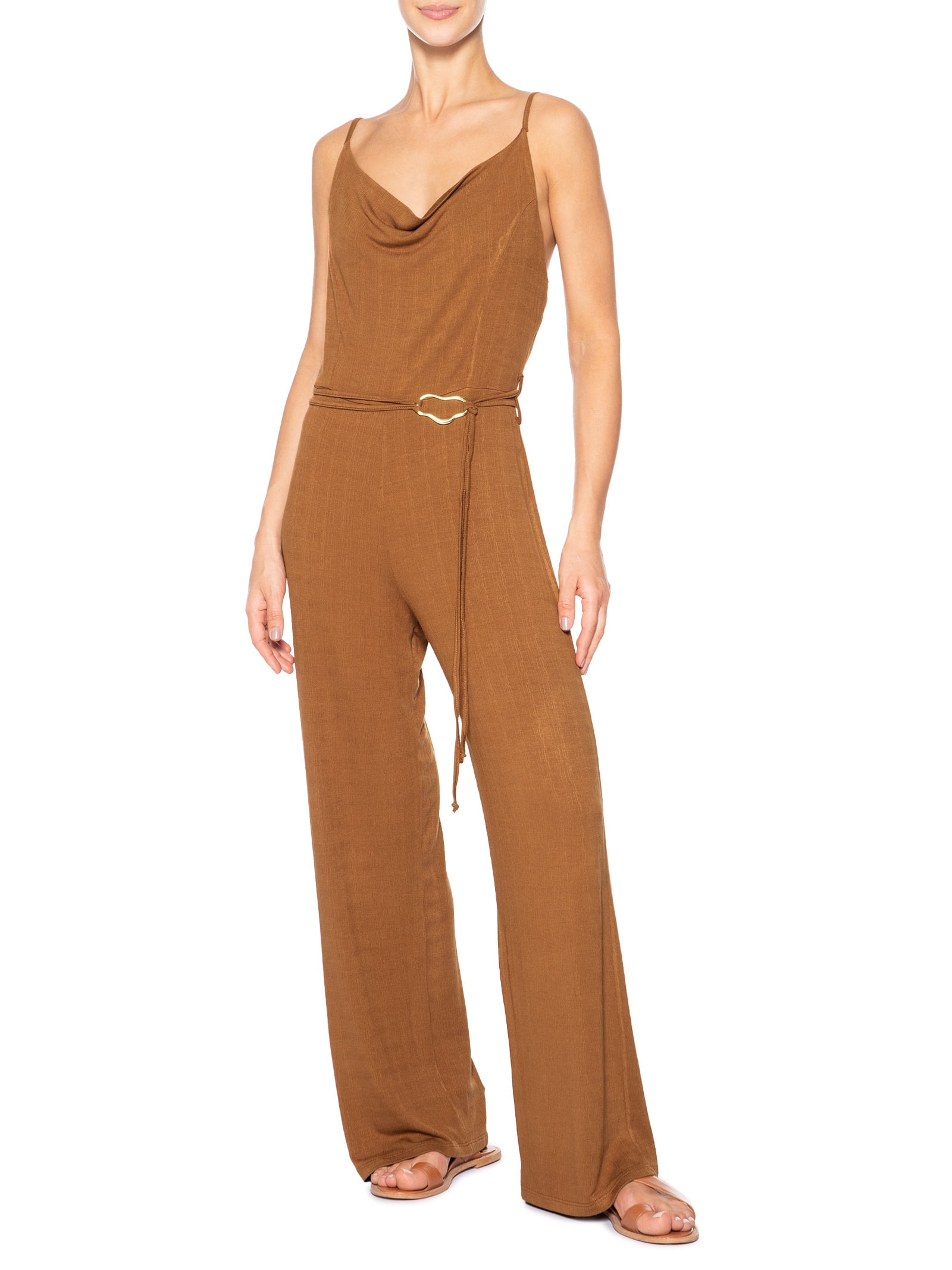 Macacão Feminino Com Cinto Bege Basiq