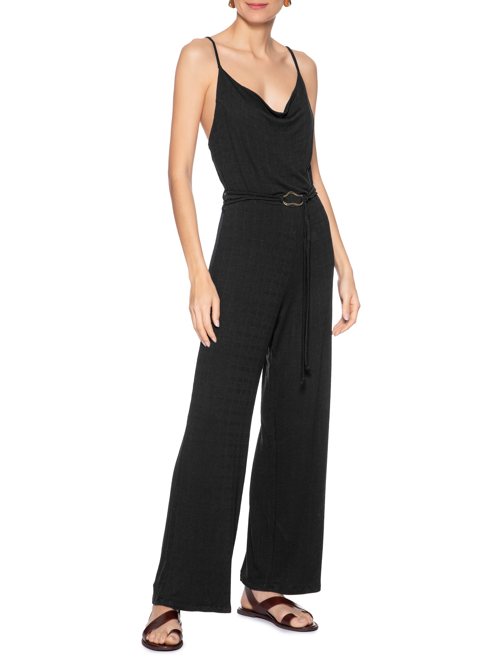 Macacão Feminino Com Cinto Preto Basiq