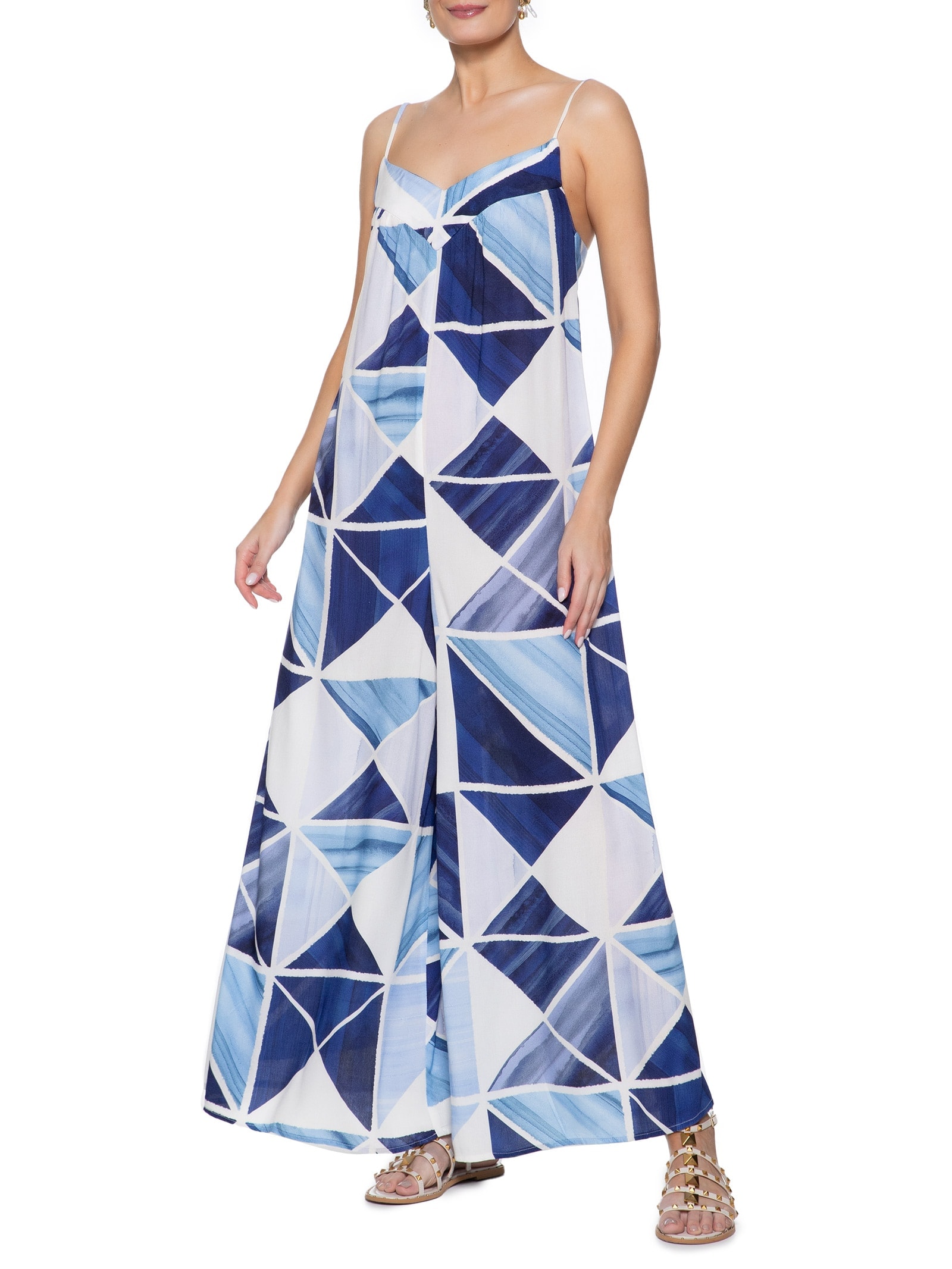 Macacão Feminino Crepe Estampa Mosaico Azul Dress To