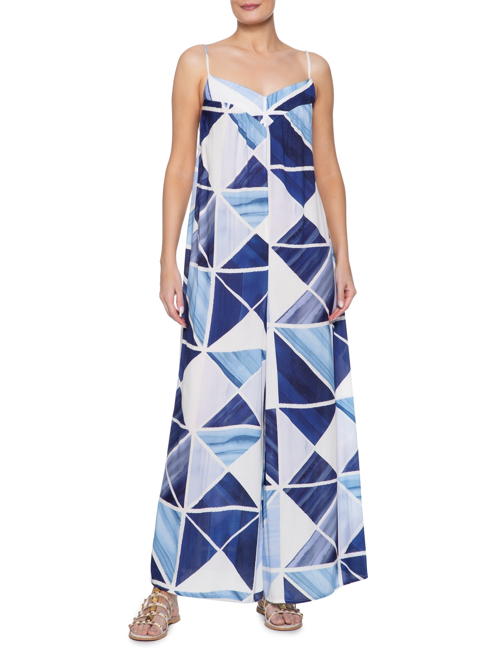 Macacão Feminino Crepe Estampa Mosaico Azul Dress To