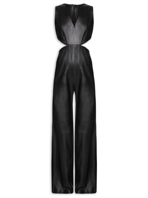 Macacão Feminino De Couro Longo Detalhe Lateral – Preto