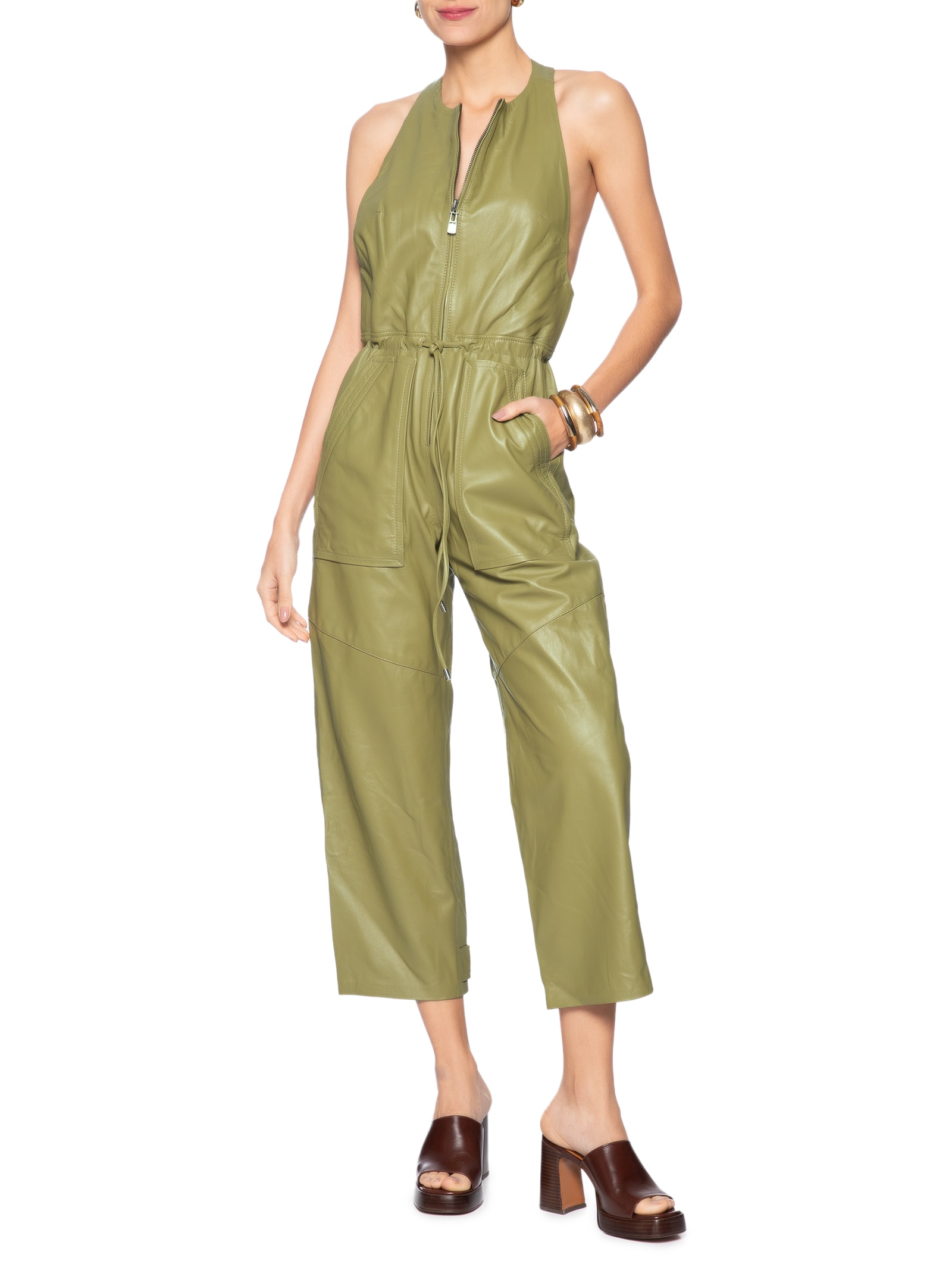 Macacão Feminino De Couro Zíper Frontal Verde Animale