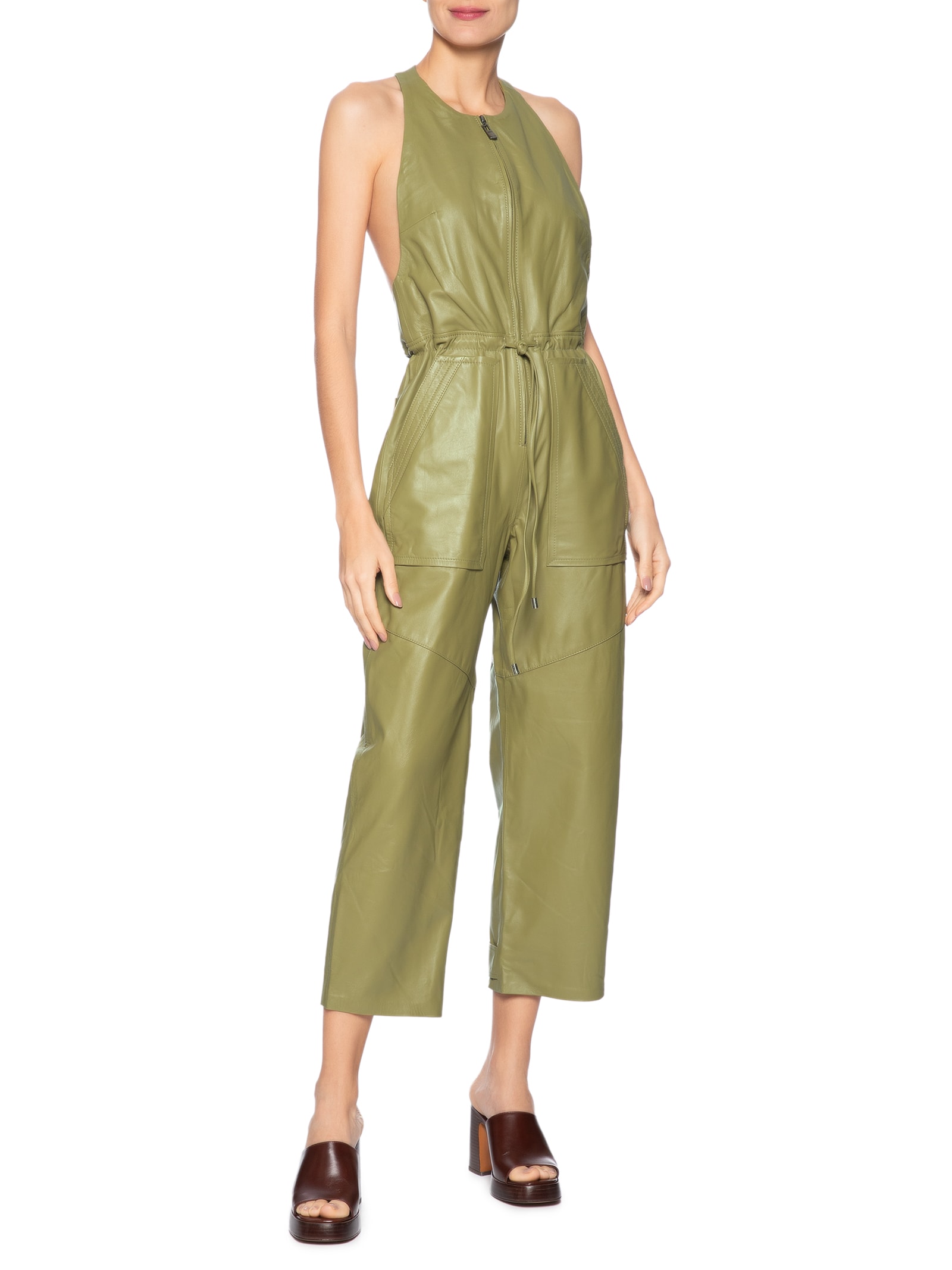 Macacão Feminino De Couro Zíper Frontal Verde Animale