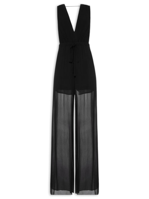 Macacão Feminino De Crepe Com Franzido Na Cintura – Preto