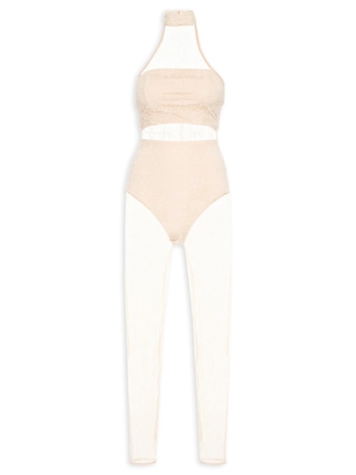 Macacão Feminino Decote Halter Em Renda – Bege