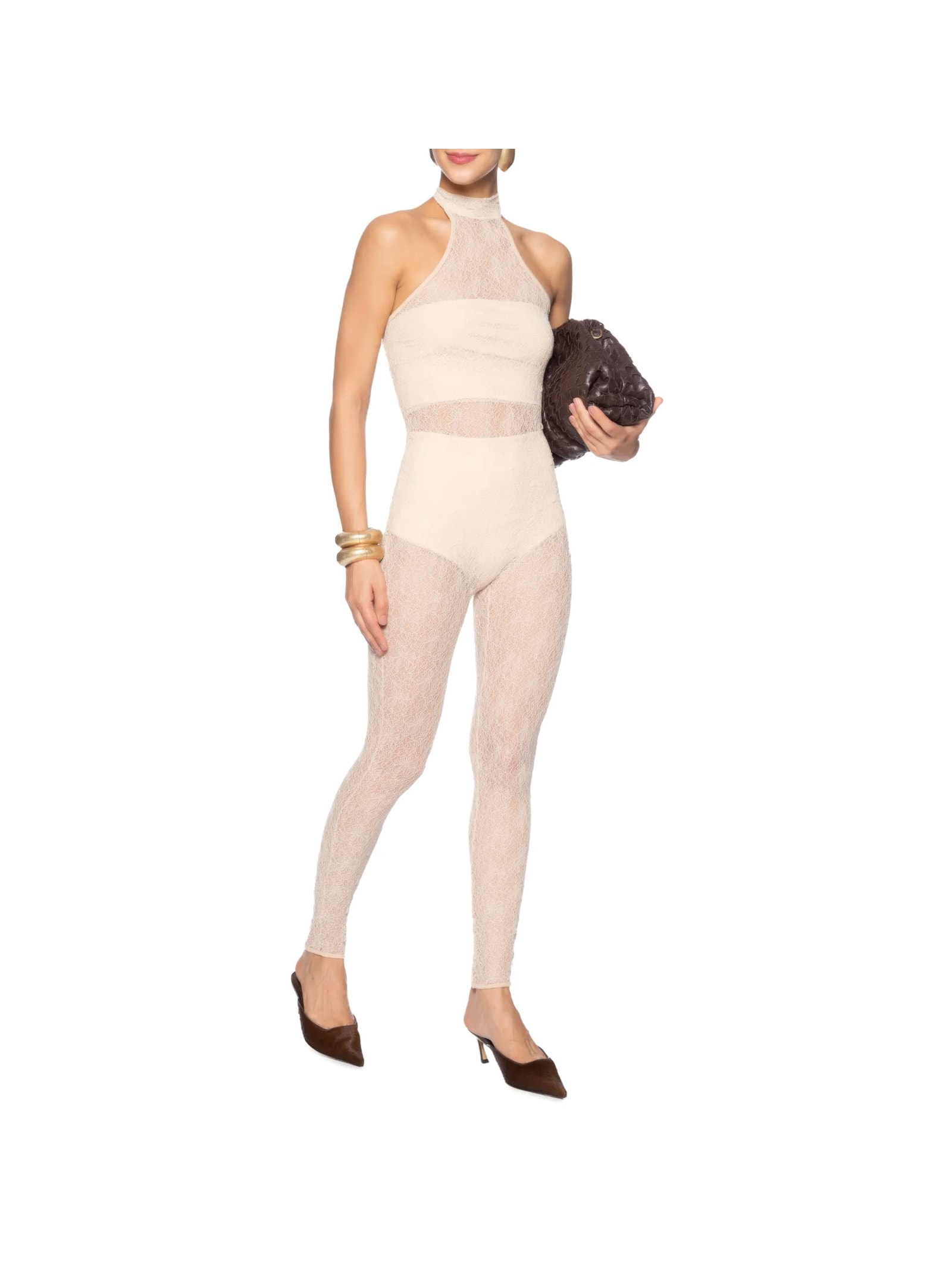 Macacão Feminino Decote Halter Em Renda Bege '2Essential