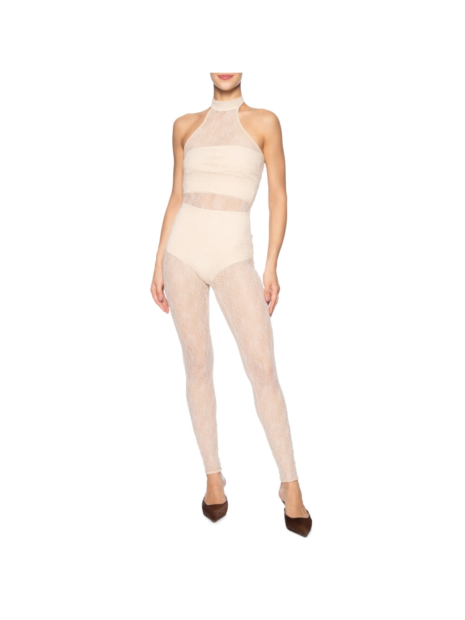 Macacão Feminino Decote Halter Em Renda Bege '2Essential