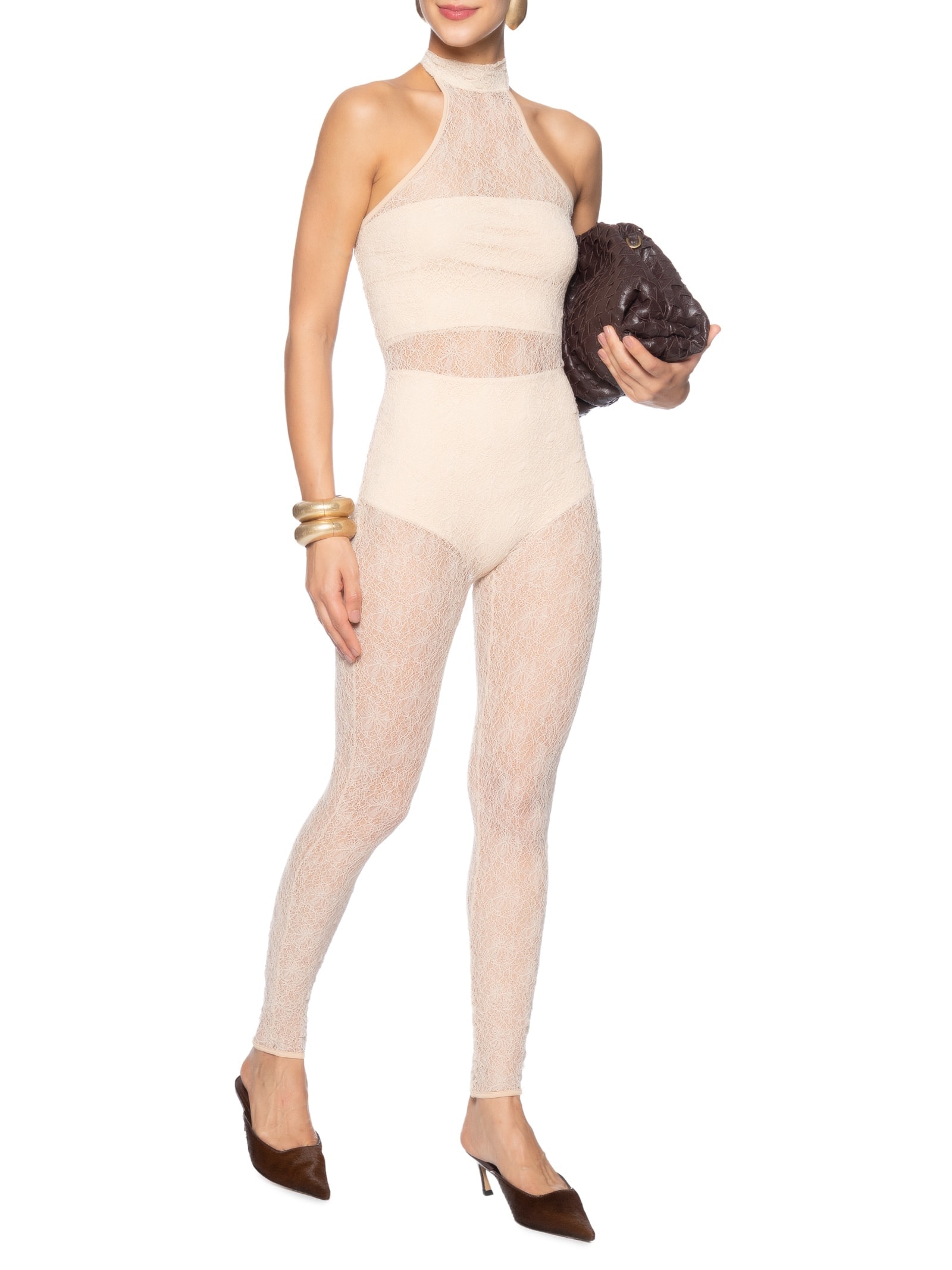 Macacão Feminino Decote Halter Em Renda Bege '2Essential