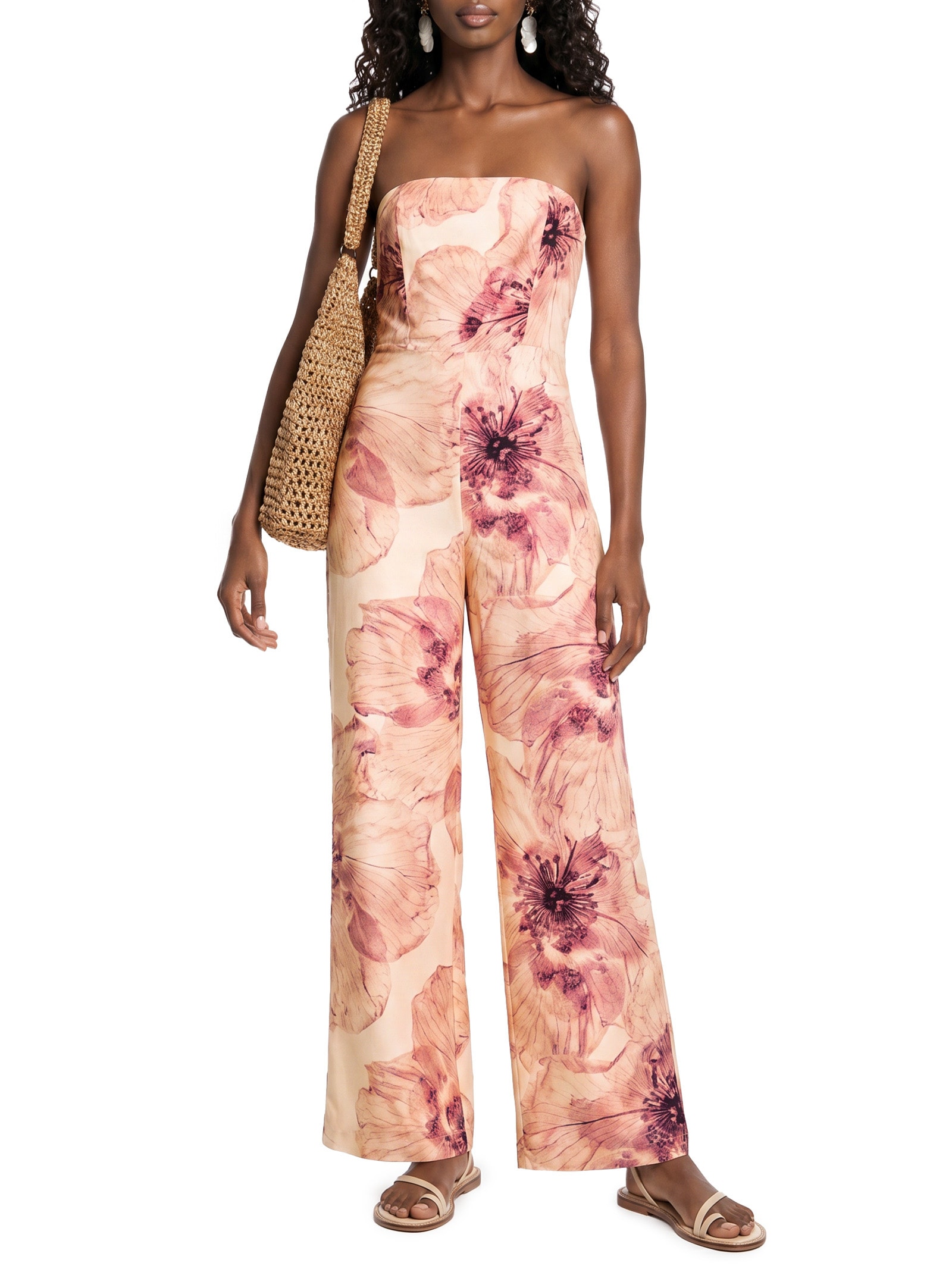 Macacão Feminino Estampado Babado Decote Rosa Cacay