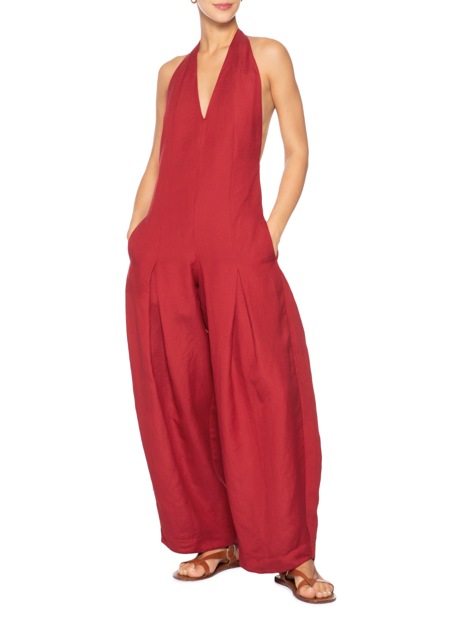 Macacão Feminino Frente Única Linen Pregas Vermelho Osklen