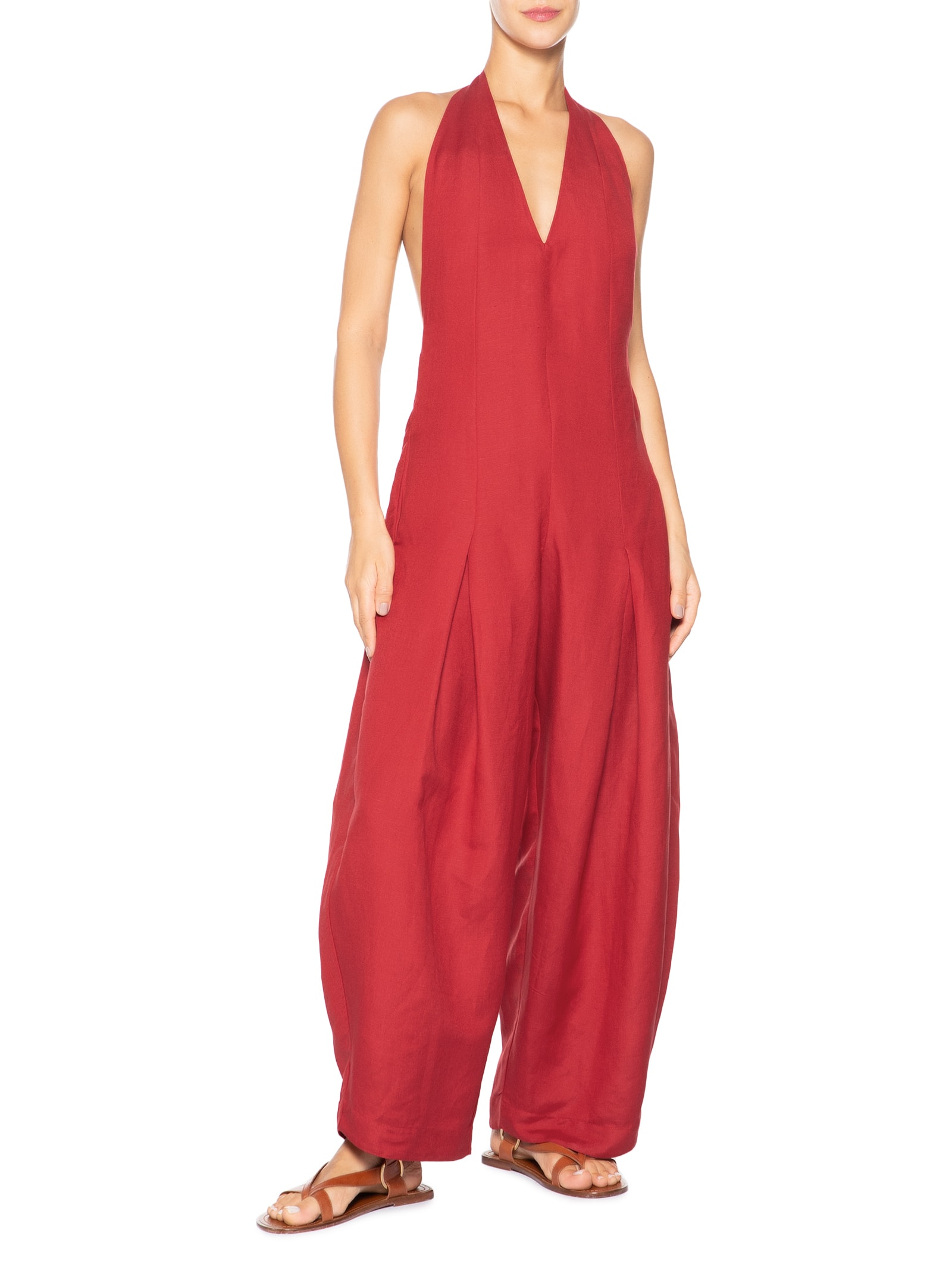 Macacão Feminino Frente Única Linen Pregas Vermelho Osklen