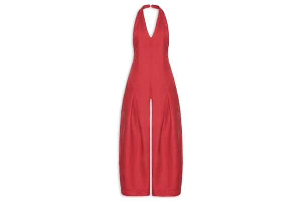 Macacão Feminino Frente Única Linen Pregas - Vermelho