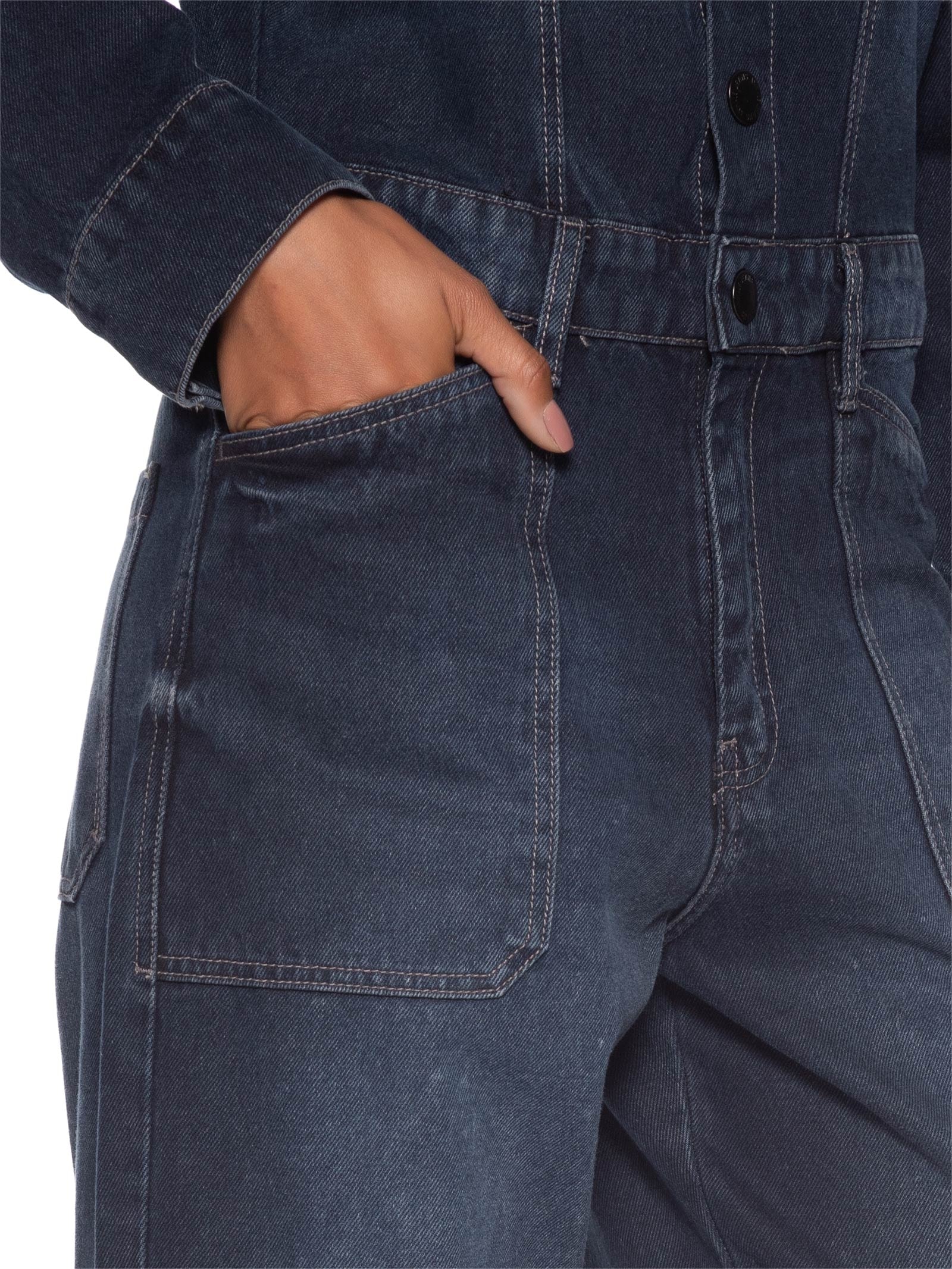 Macacão Feminino Jeans Manga Longa Cargo Azul Animale Jeans