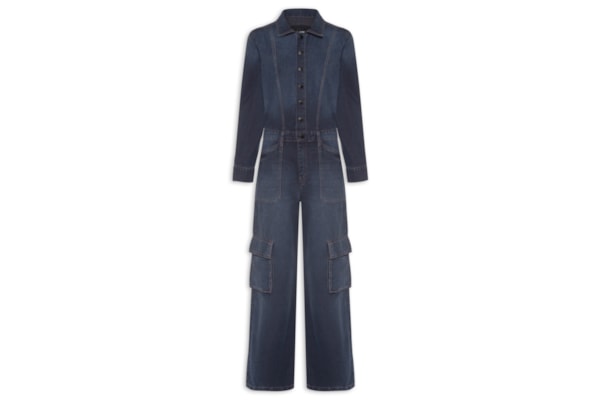 Macacão Feminino Jeans Manga Longa Cargo - Azul