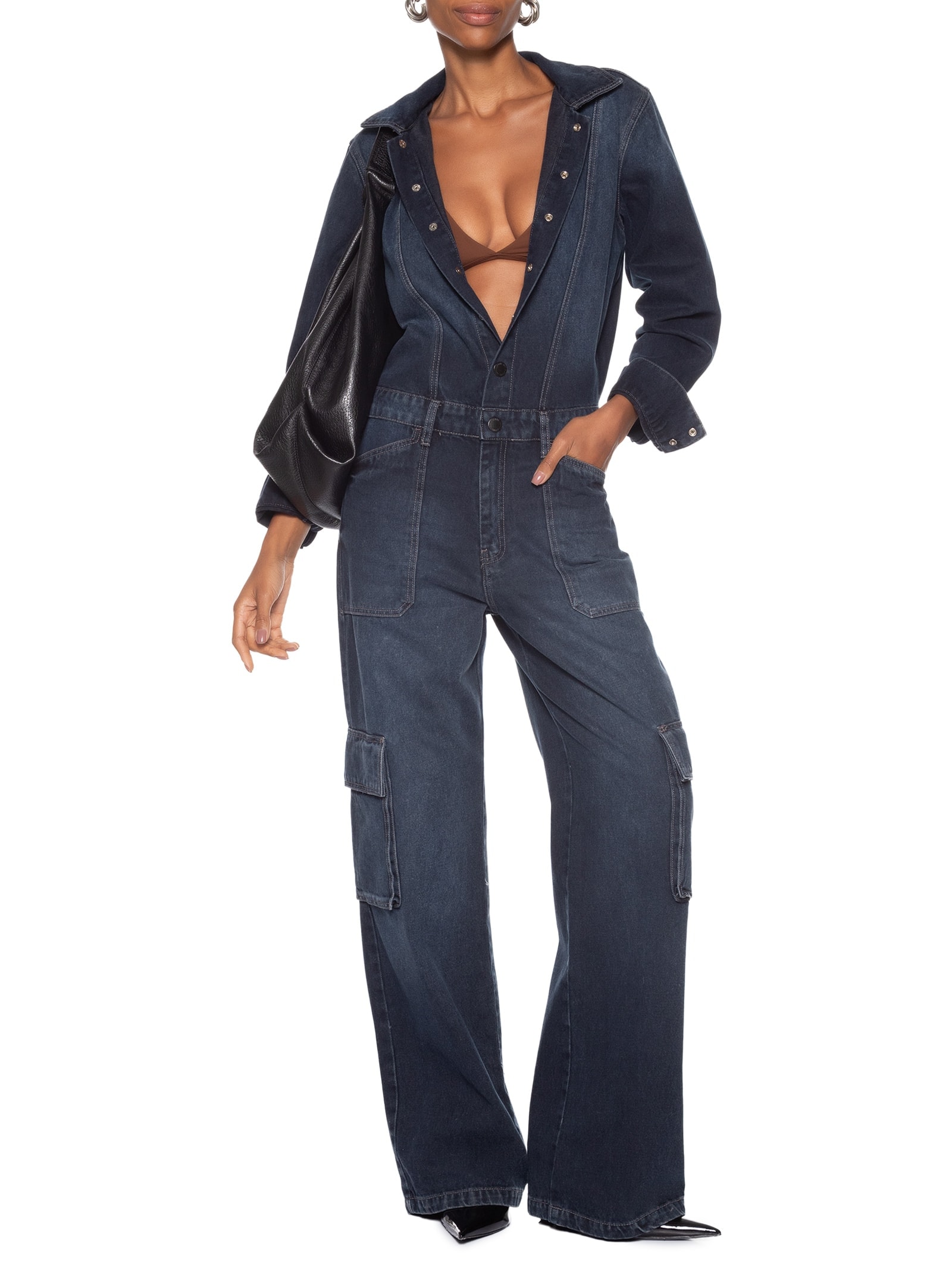 Macacão Feminino Jeans Manga Longa Cargo Azul Animale Jeans