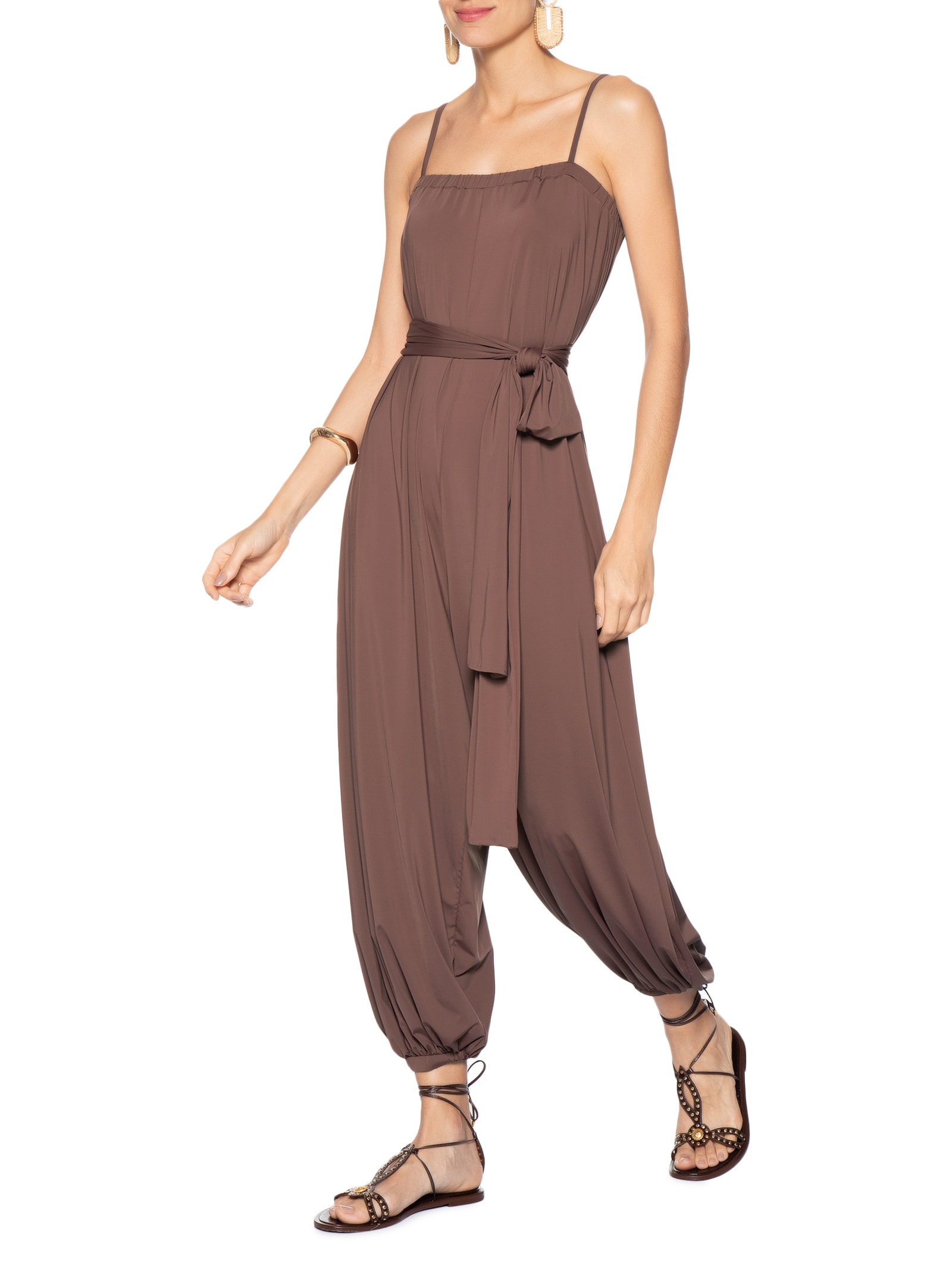 Macacão Feminino Jersey Com Faixa Marrom Dress To