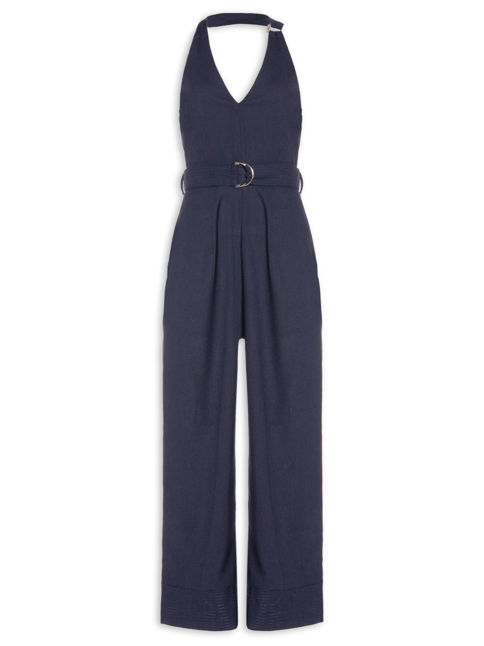 Macacão Feminino Linho Com Cinto Azul Basiq