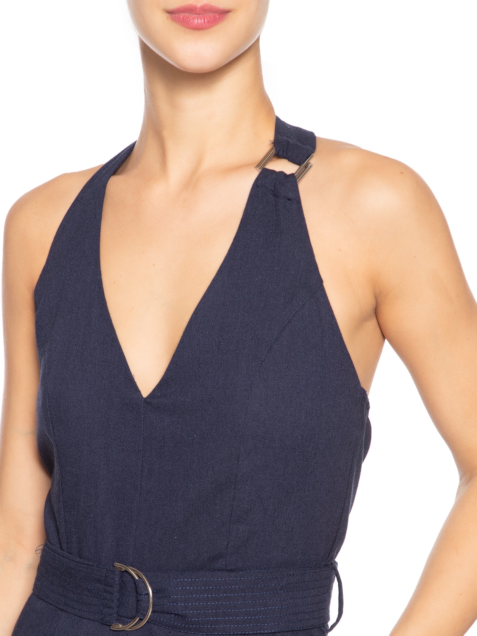 Macacão Feminino Linho Com Cinto Azul Basiq