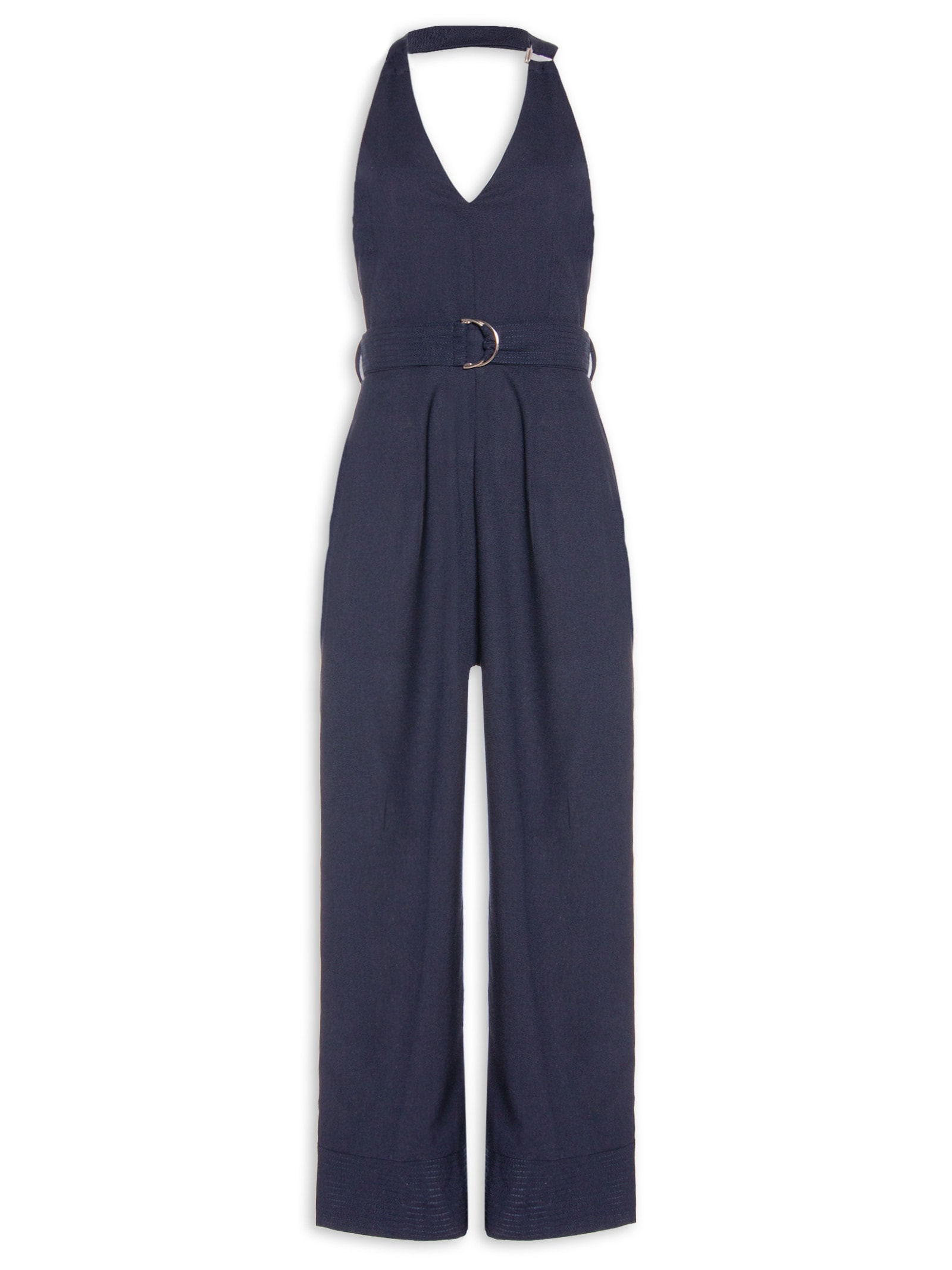 Macacão Feminino Linho Com Cinto Azul Basiq