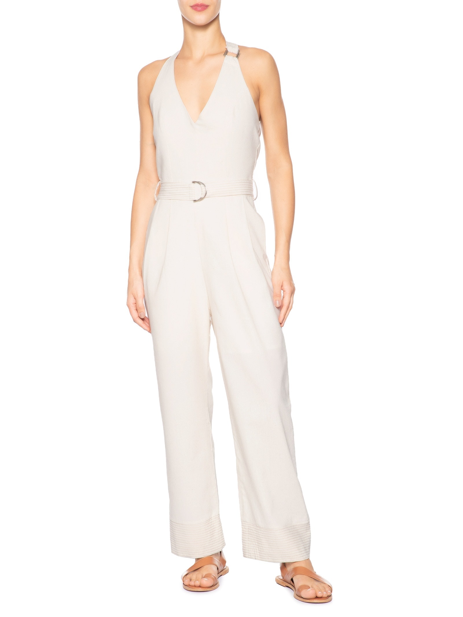 Macacão Feminino Linho Com Cinto Bege Basiq