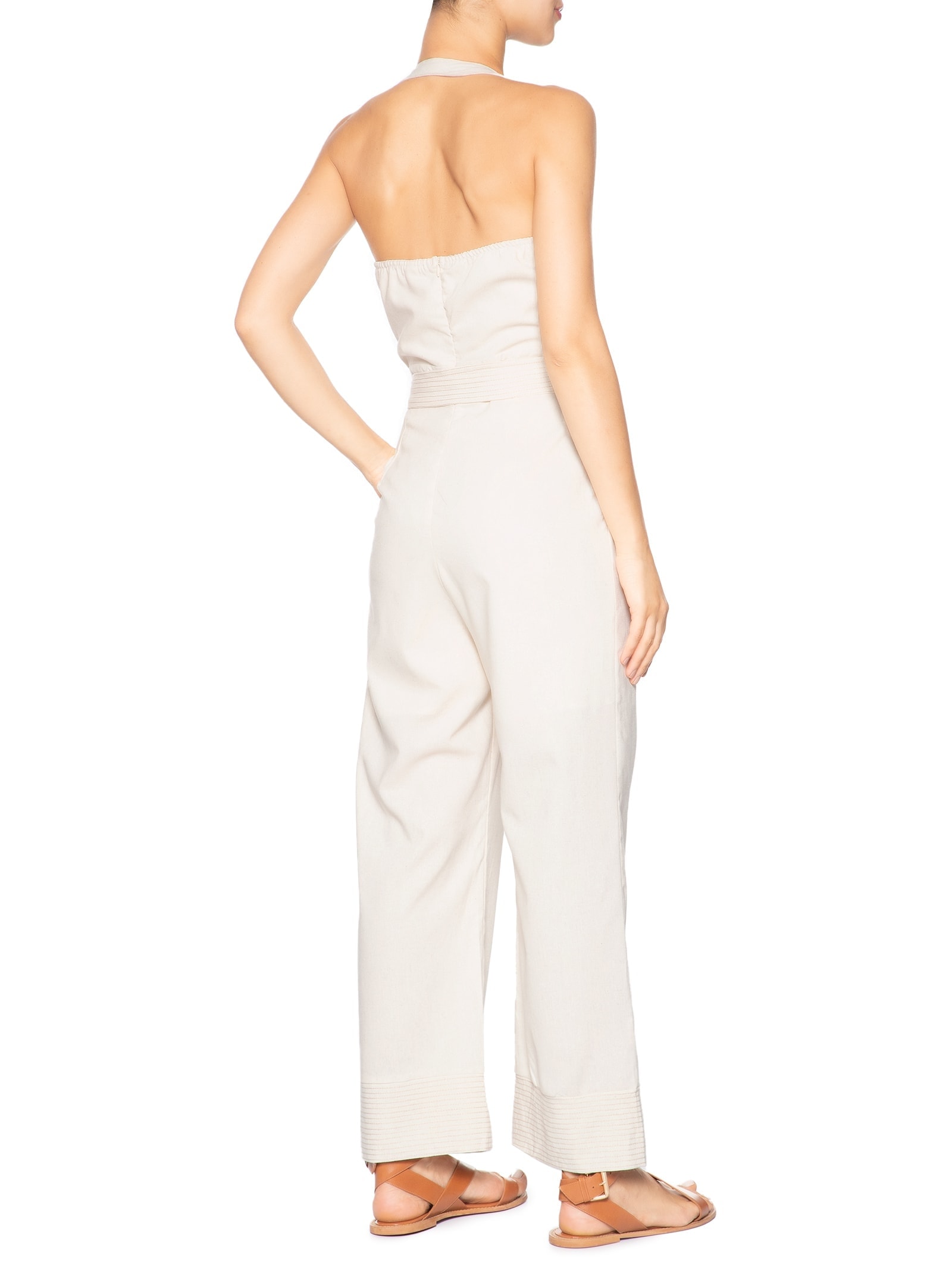 Macacão Feminino Linho Com Cinto Bege Basiq