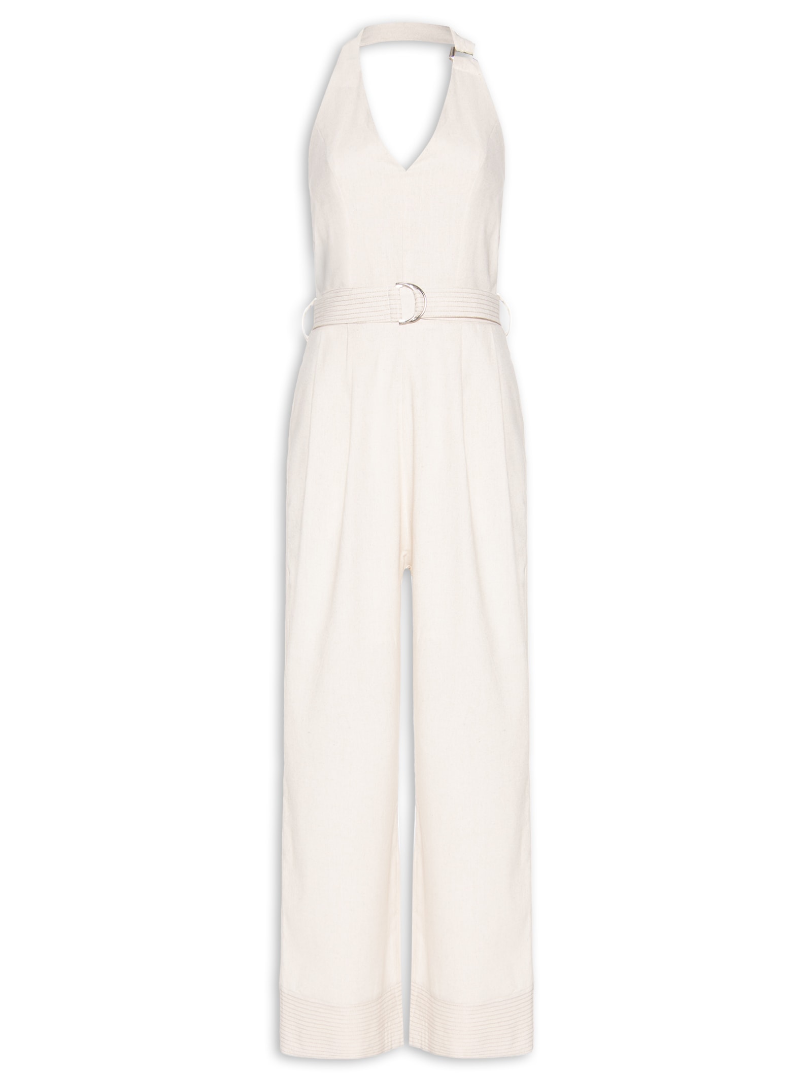 Macacão Feminino Linho Com Cinto Bege Basiq