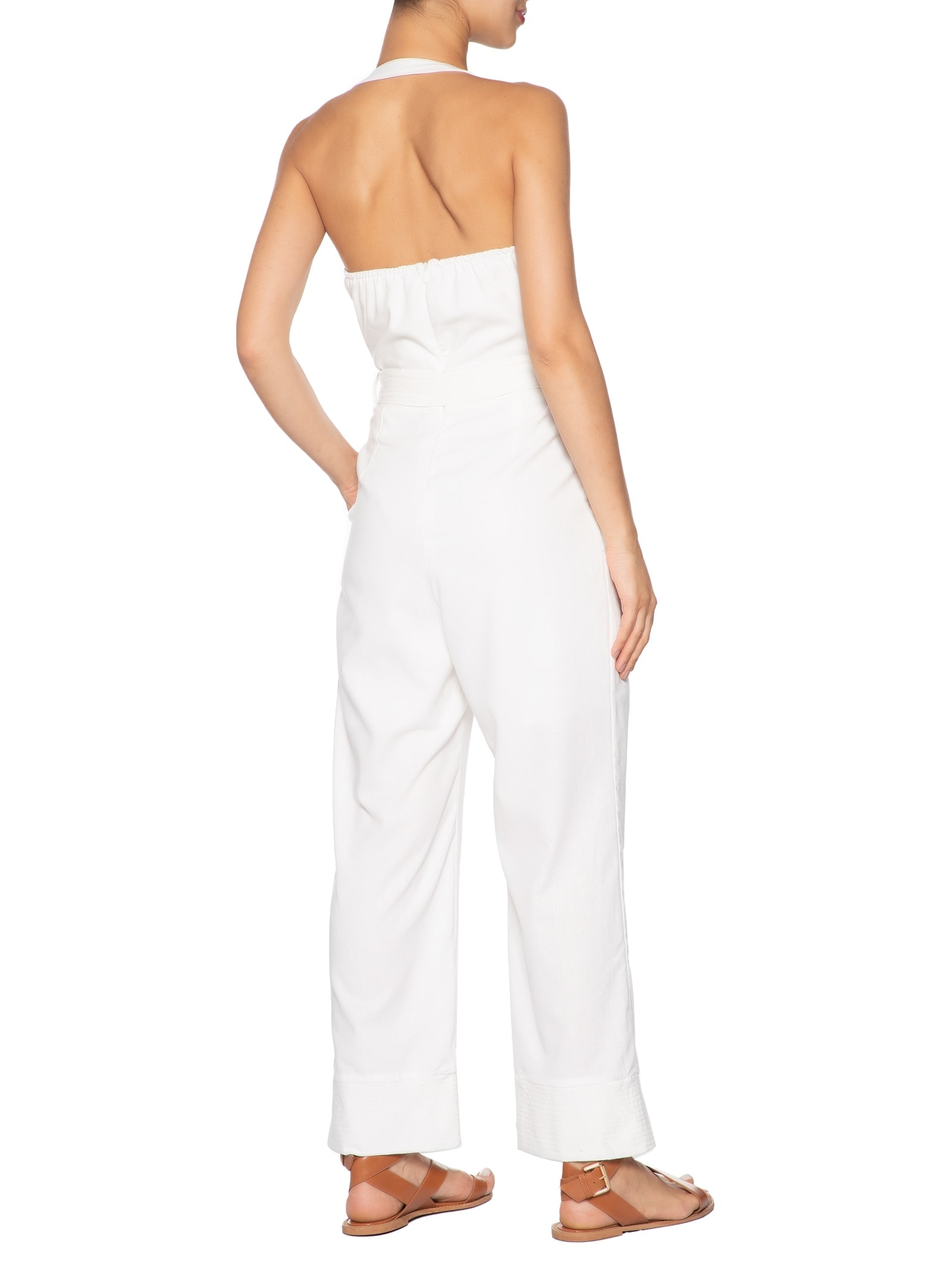 Macacão Feminino Linho Com Cinto Branco Basiq