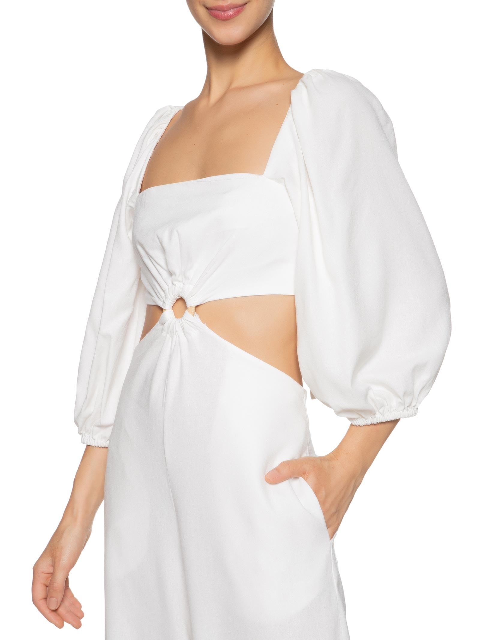 Macacão Feminino Linho Manga Bufante Off White Dress To