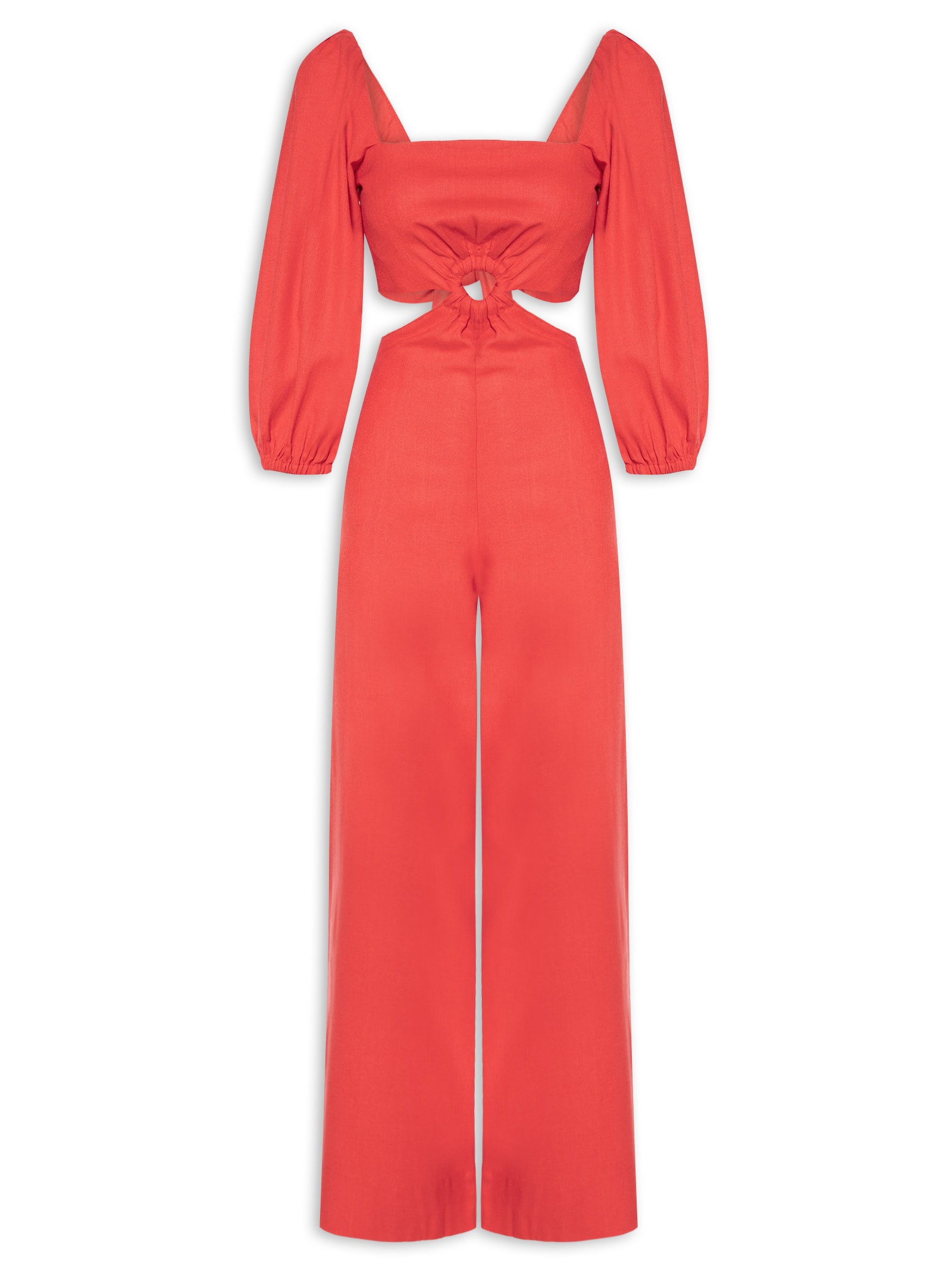 Macacão Feminino Linho Manga Bufante Vermelho Dress To