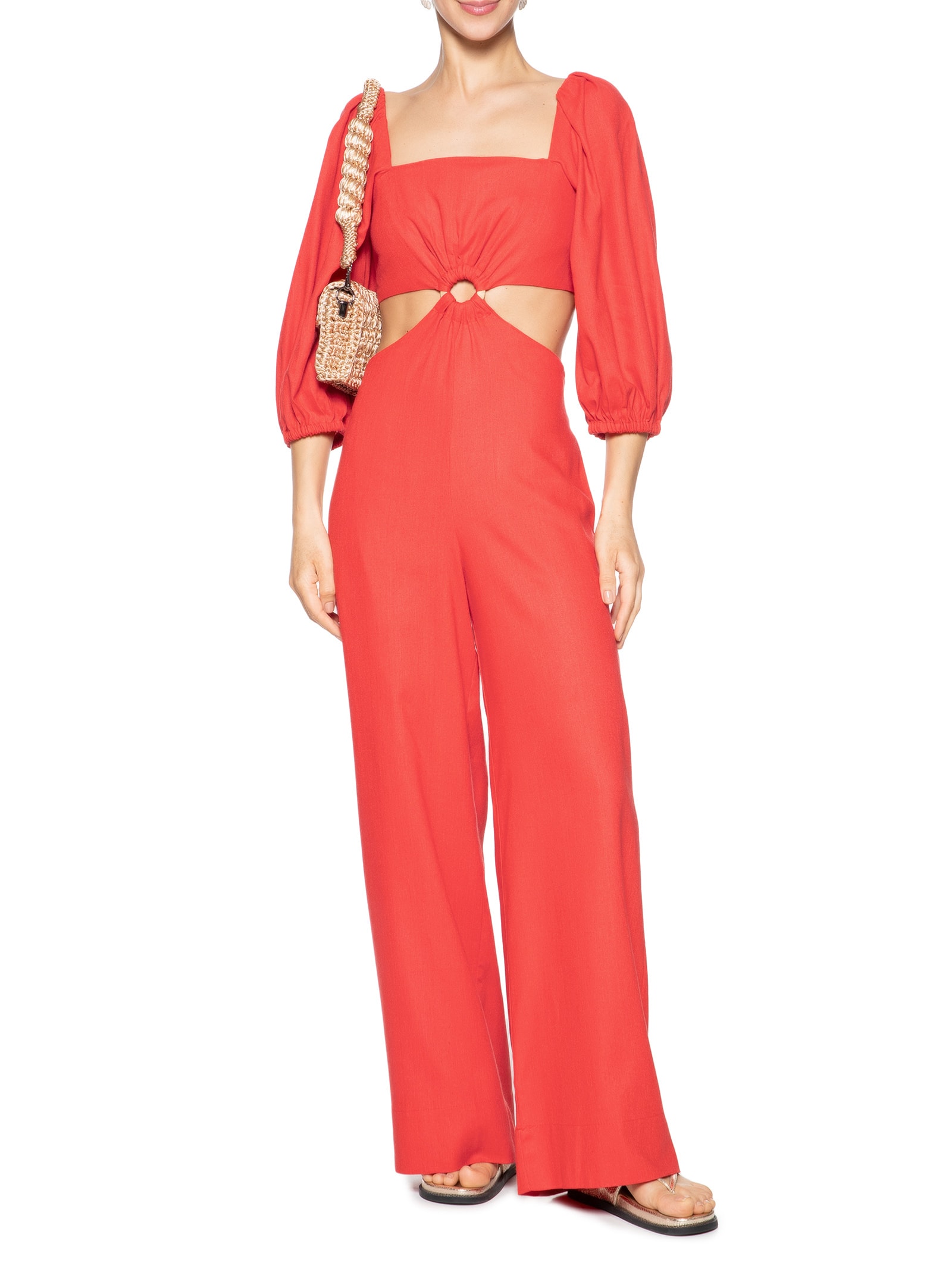 Macacão Feminino Linho Manga Bufante Vermelho Dress To