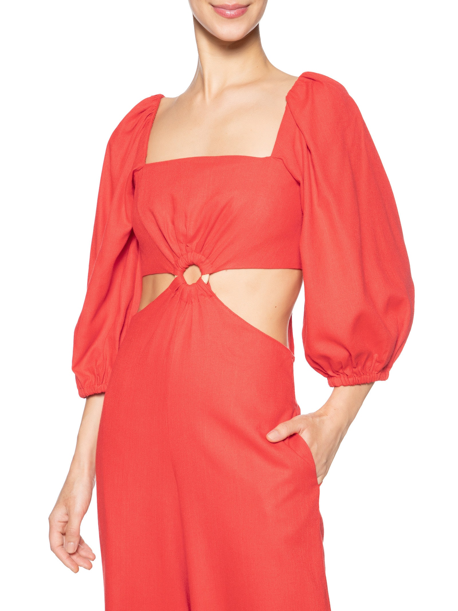 Macacão Feminino Linho Manga Bufante Vermelho Dress To