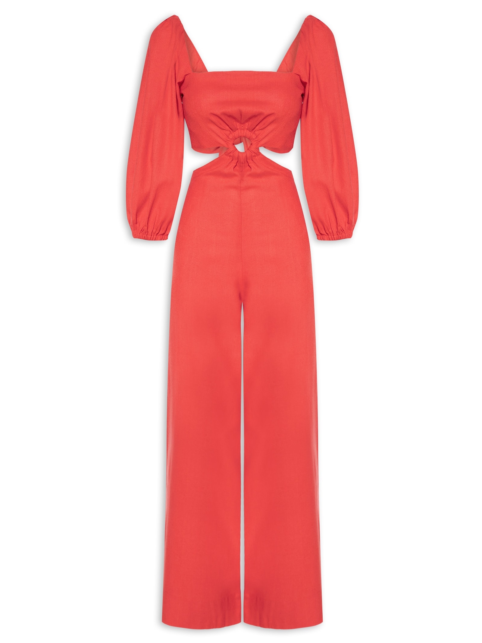 Macacão Feminino Linho Manga Bufante Vermelho Dress To