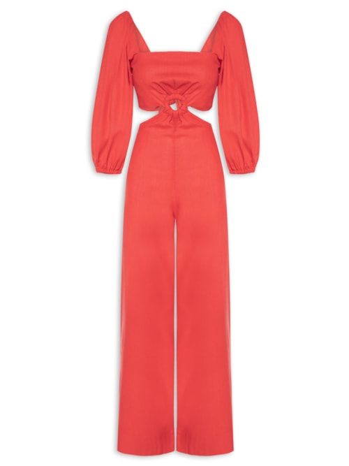 Macacão Feminino Linho Manga Bufante – Vermelho