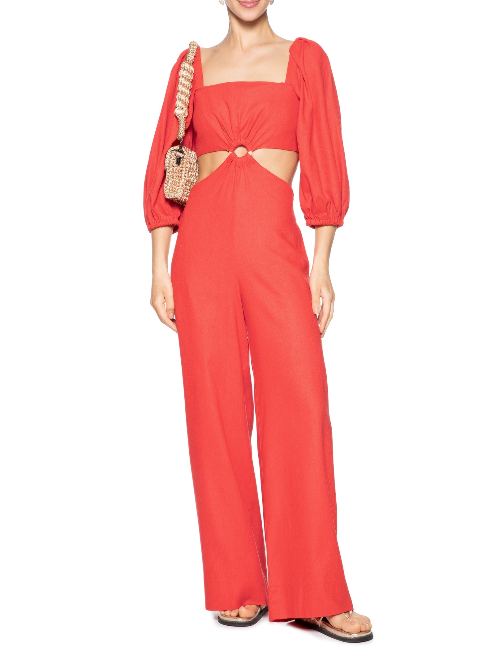 Macacão Feminino Linho Manga Bufante Vermelho Dress To