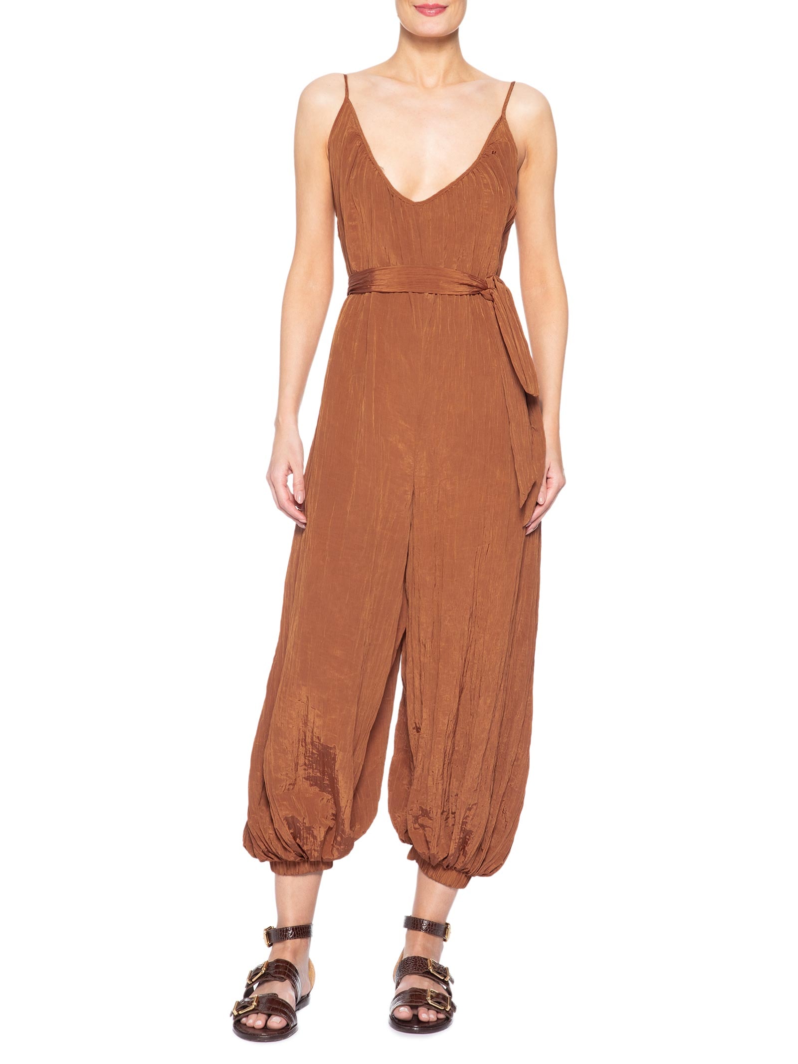 Macacão Feminino Longo Plissado Marrom Farm