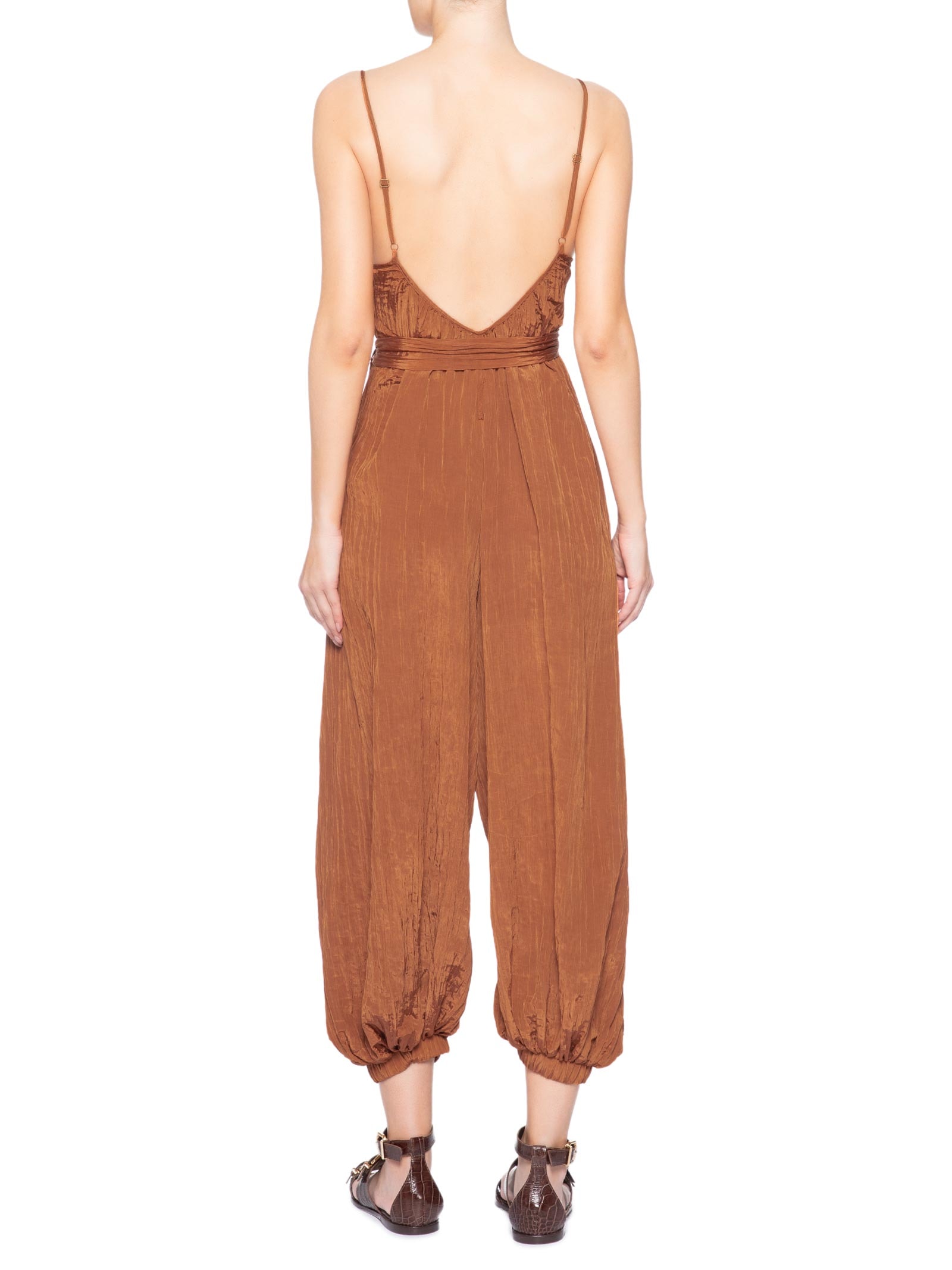 Macacão Feminino Longo Plissado Marrom Farm