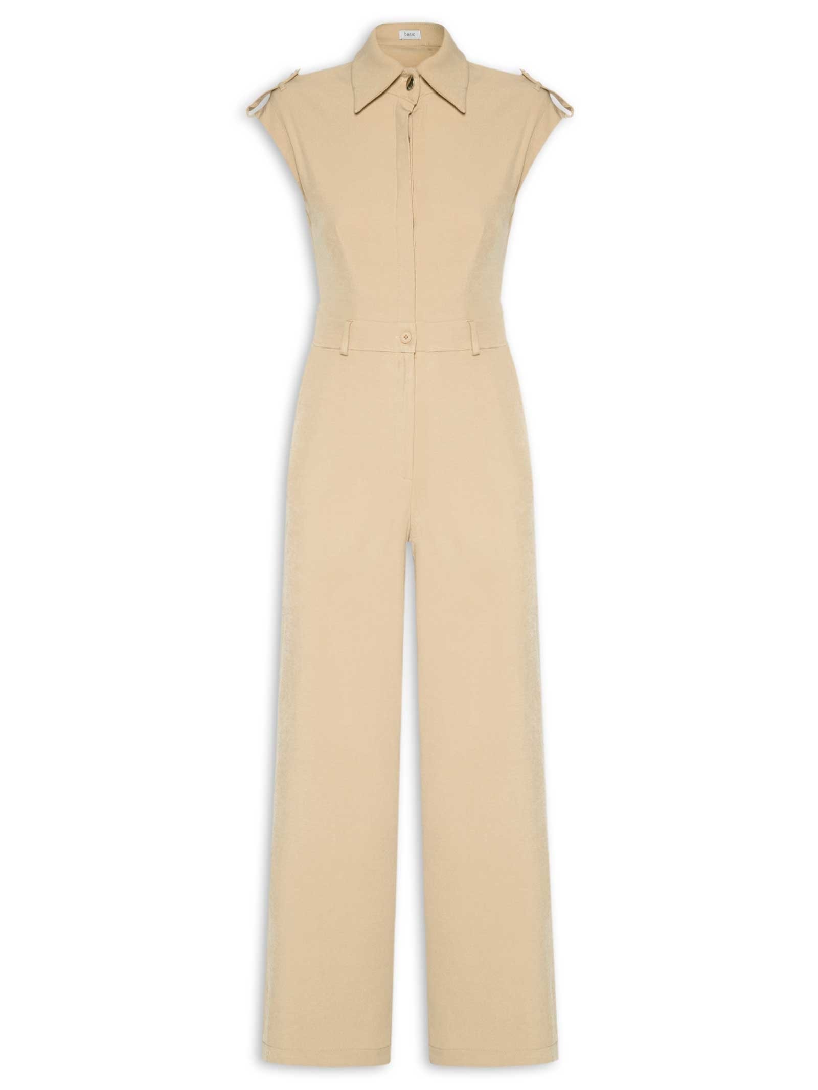 Macacão Feminino Manga Curta Bege Basiq