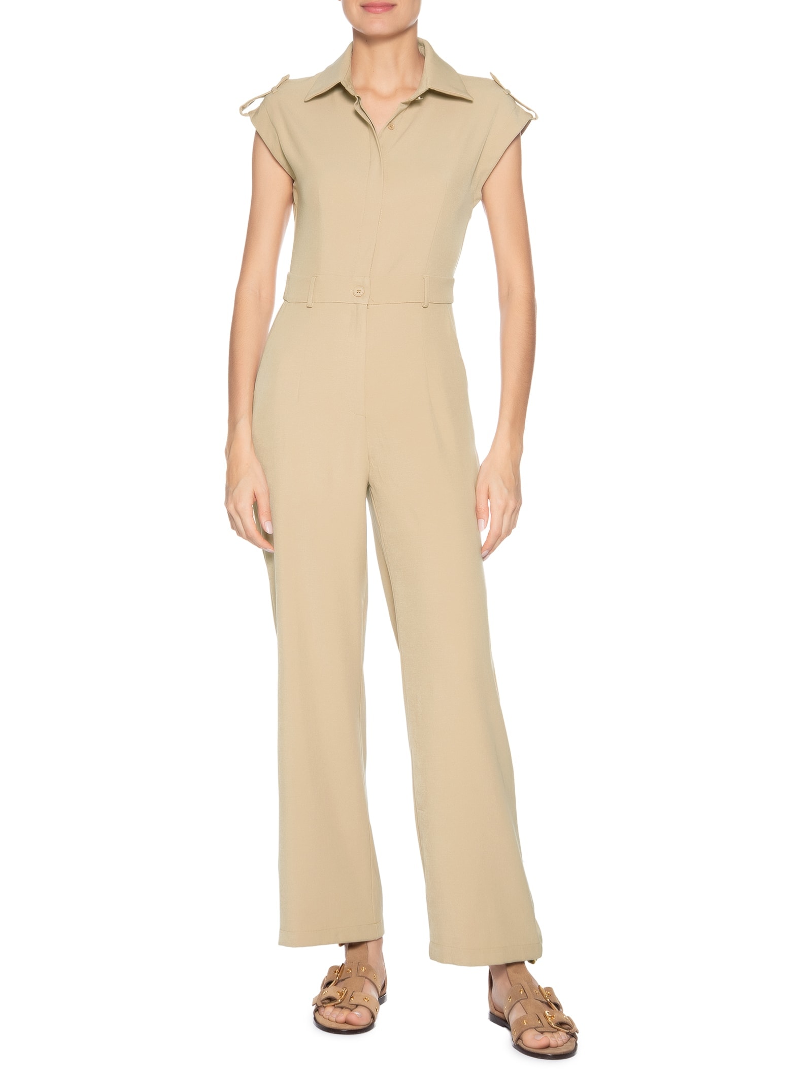 Macacão Feminino Manga Curta Bege Basiq