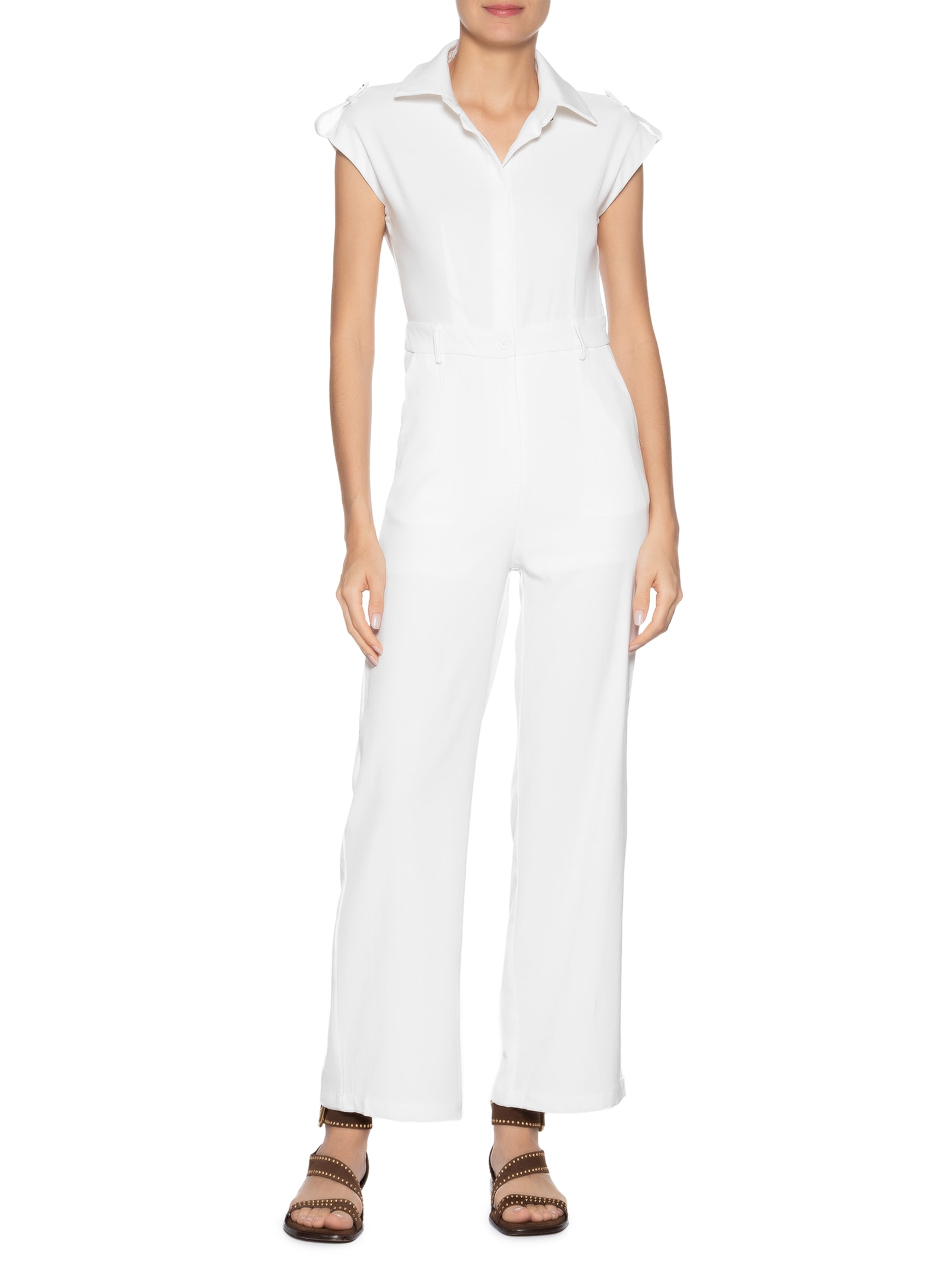 Macacão Feminino Manga Curta Branco Basiq