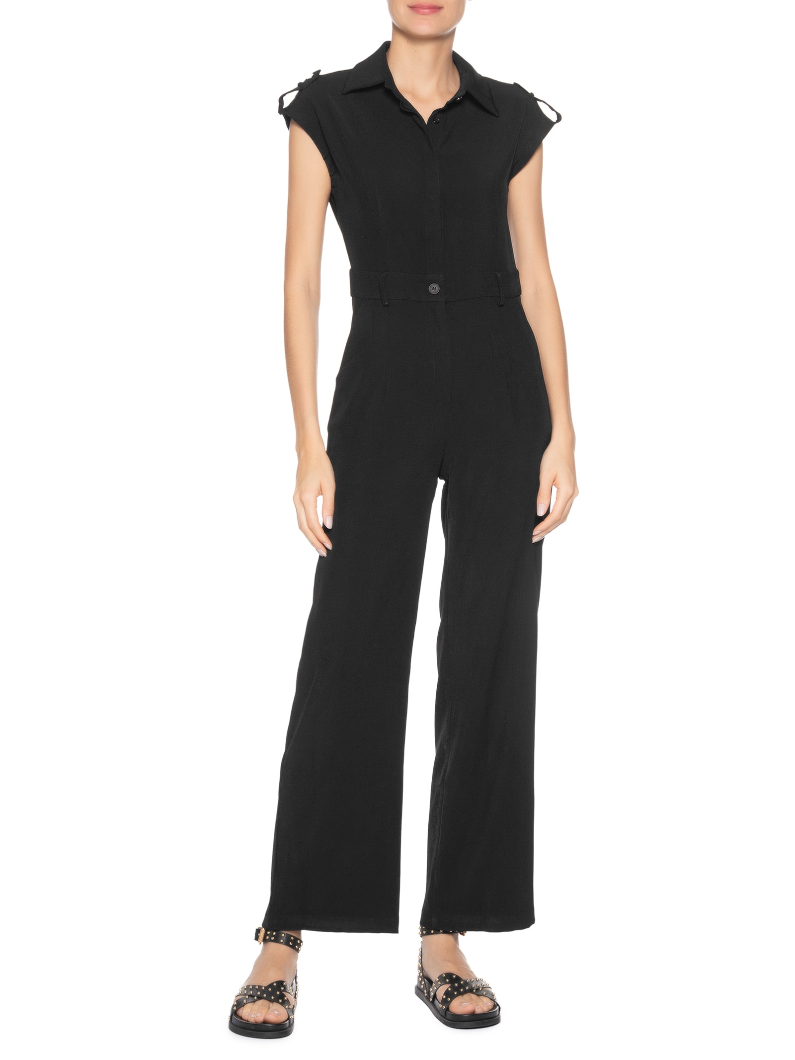 Macacão Feminino Manga Curta Preto Basiq