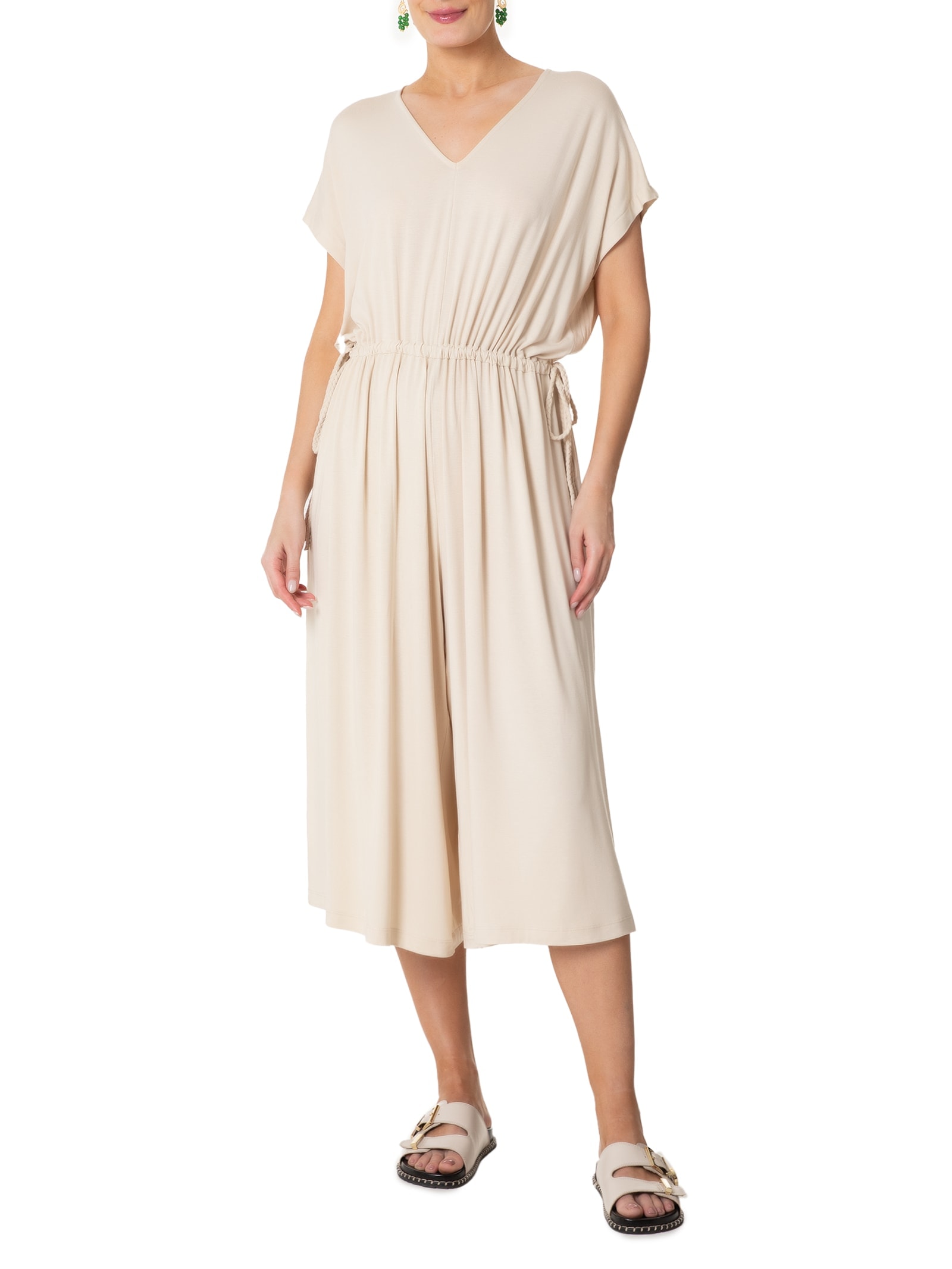 Macacão Feminino Midi Com Ajuste Na Cintura Bege Basiq
