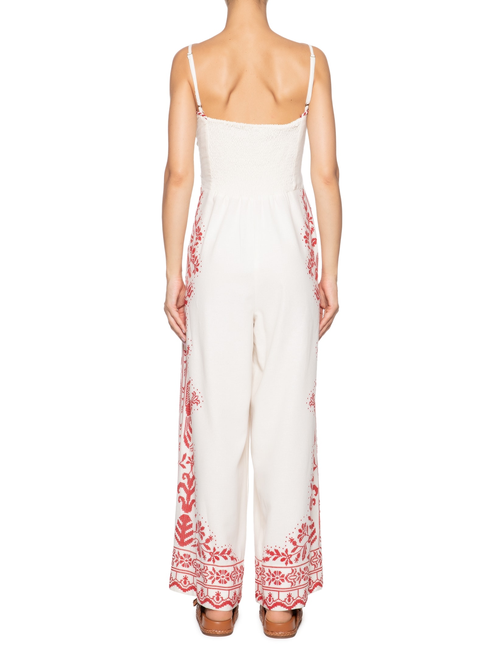 Macacão Feminino Pantalona Bordado Tropical Bege Farm